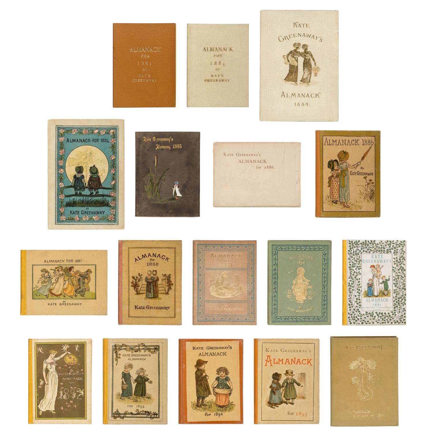 [CHILDREN'S BOOKS]. GREENAWAY, Kate (1846-1901). Almanack for 1883 [ -1895 ]. London: George Routledge & Sons, 1883[-1895]. -- Almanack & Diary for 1897 . London: J.M. Dent & Co., [1896].