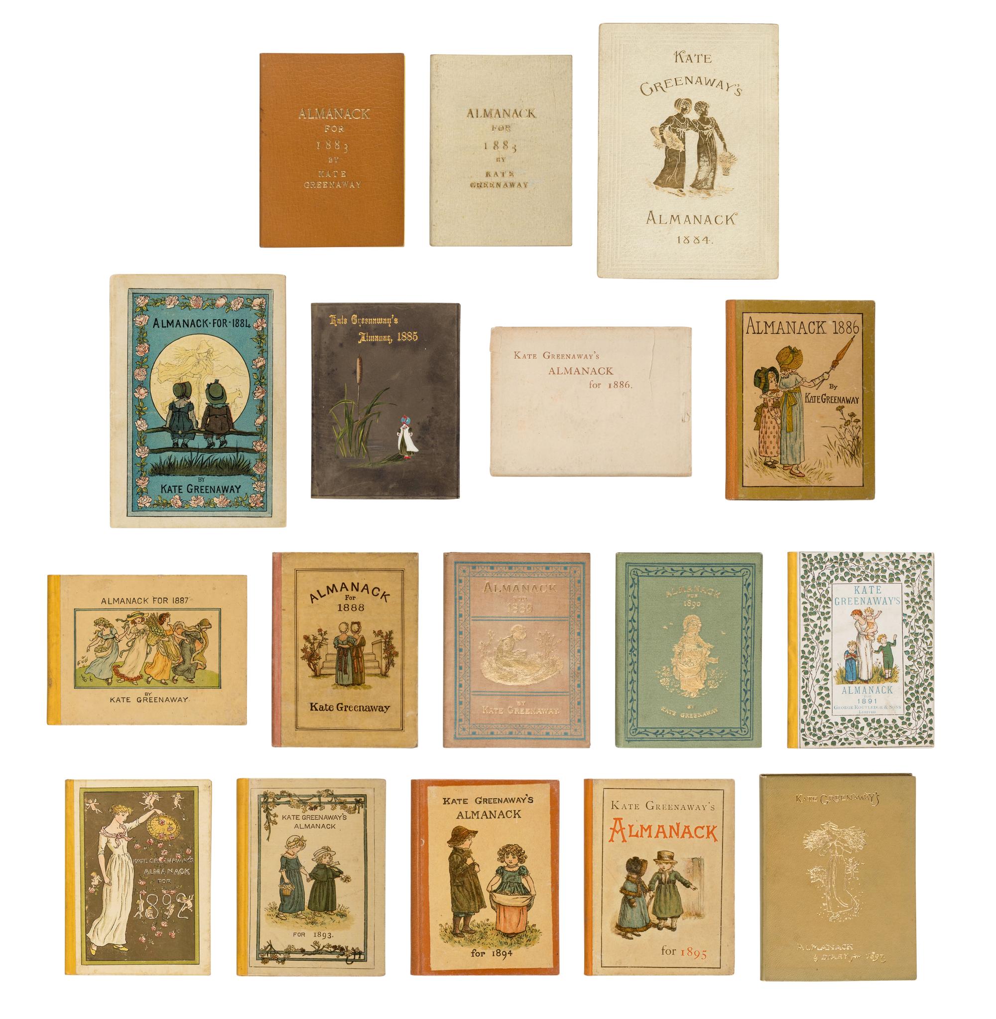 [CHILDREN'S BOOKS]. GREENAWAY, Kate (1846-1901). Almanack for 1883 [ -1895 ]. London: George Routledge & Sons, 1883[-1895]. -- Almanack & Diary for 1897 . London: J.M. Dent & Co., [1896].
