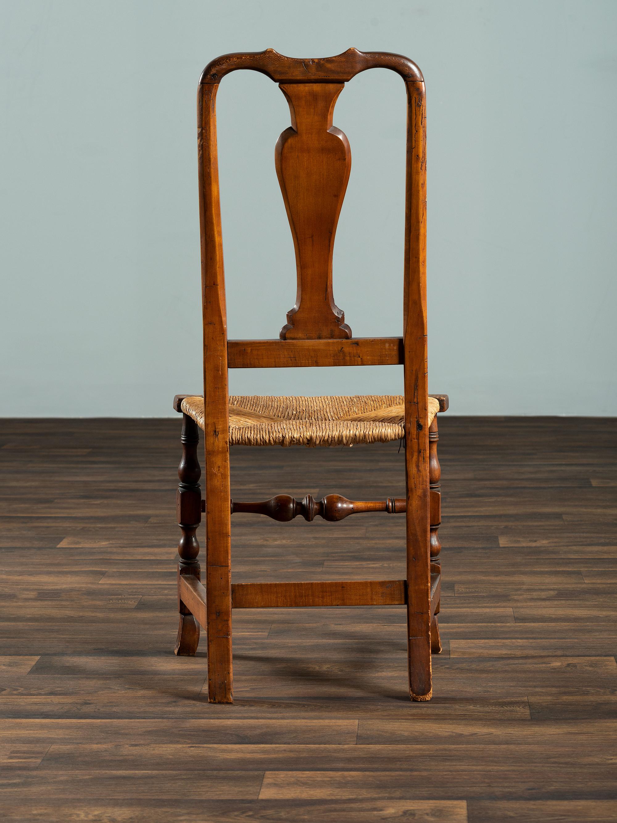 A Queen Anne Maple and Cherrywood Spanish-Foot Rush Seat Side Chair