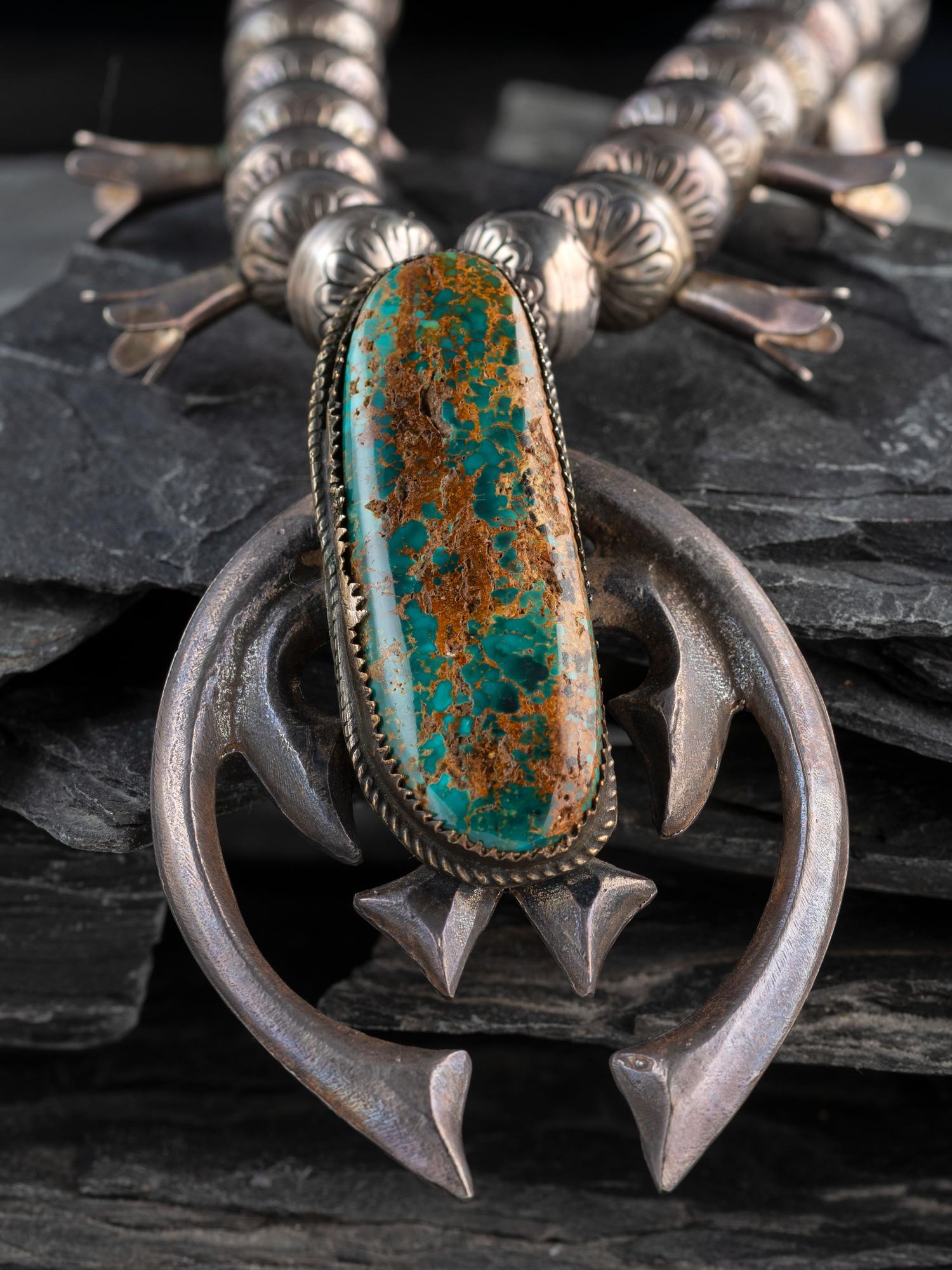 Navajo Sterling Silver and Turquoise Squash Blossom Necklace