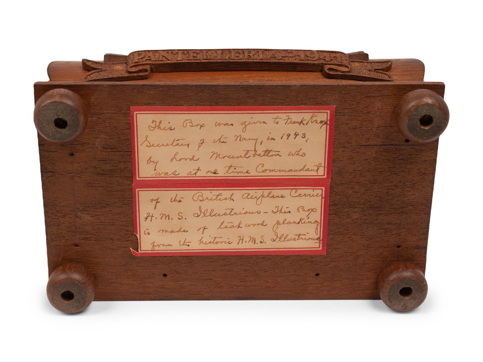 An American Silver Cigarette Box and a Teakwood Presentation Box from the H.M.S. Illustrious