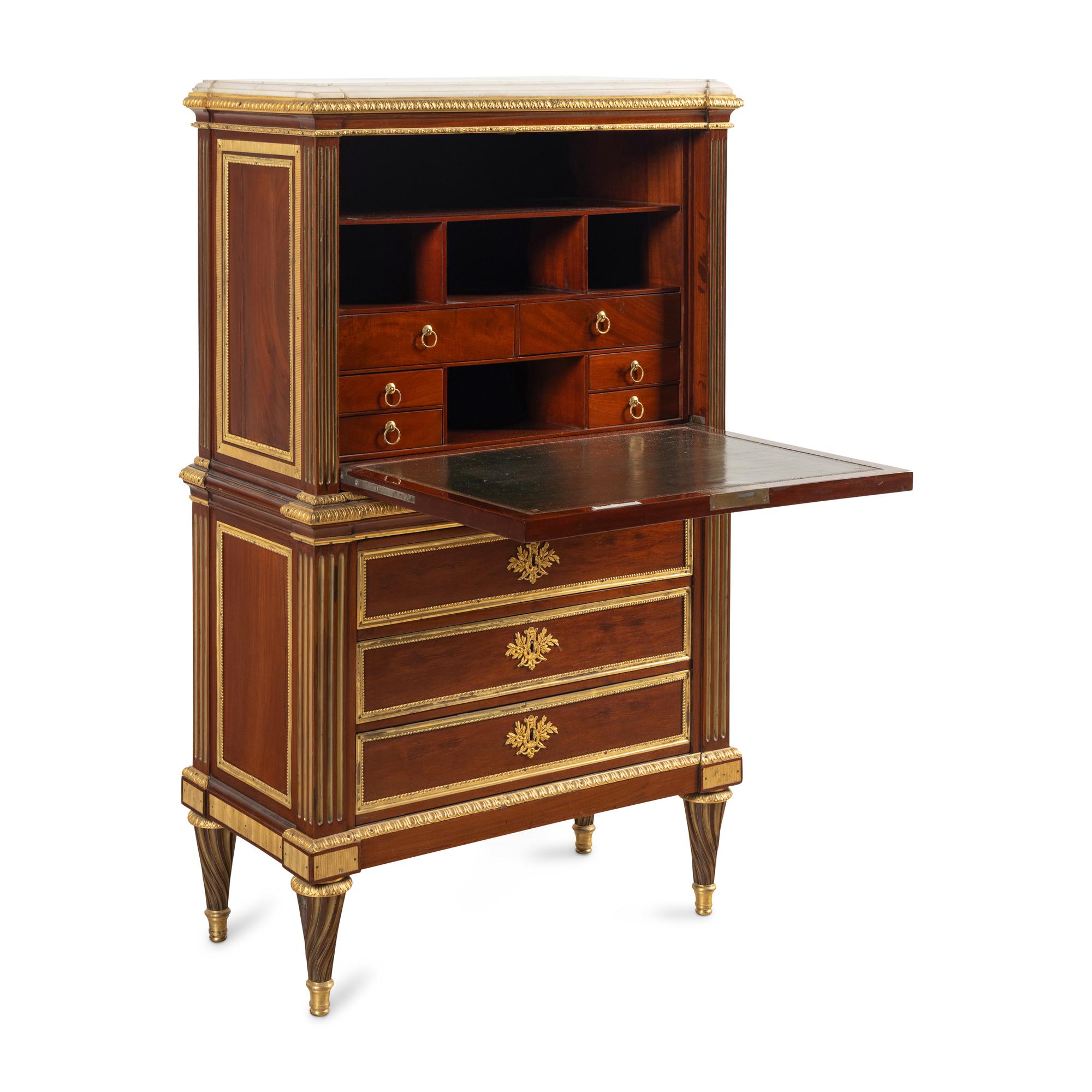 A Louis XVI Brass-Inlaid and Gilt Bronze Mounted Mahogany Secrétaire à Abattant
