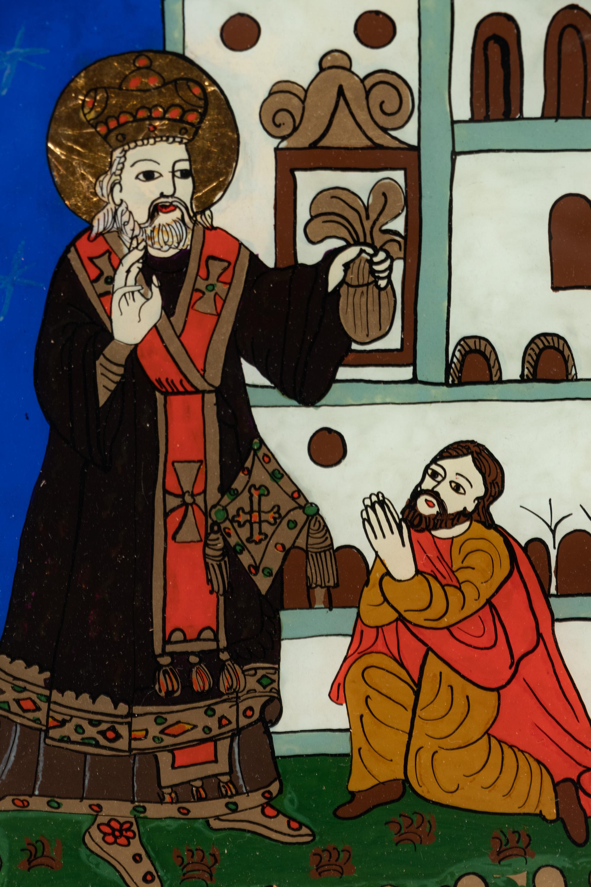 A Romanian Reverse-Painted Glass Ecclesiastical Panel