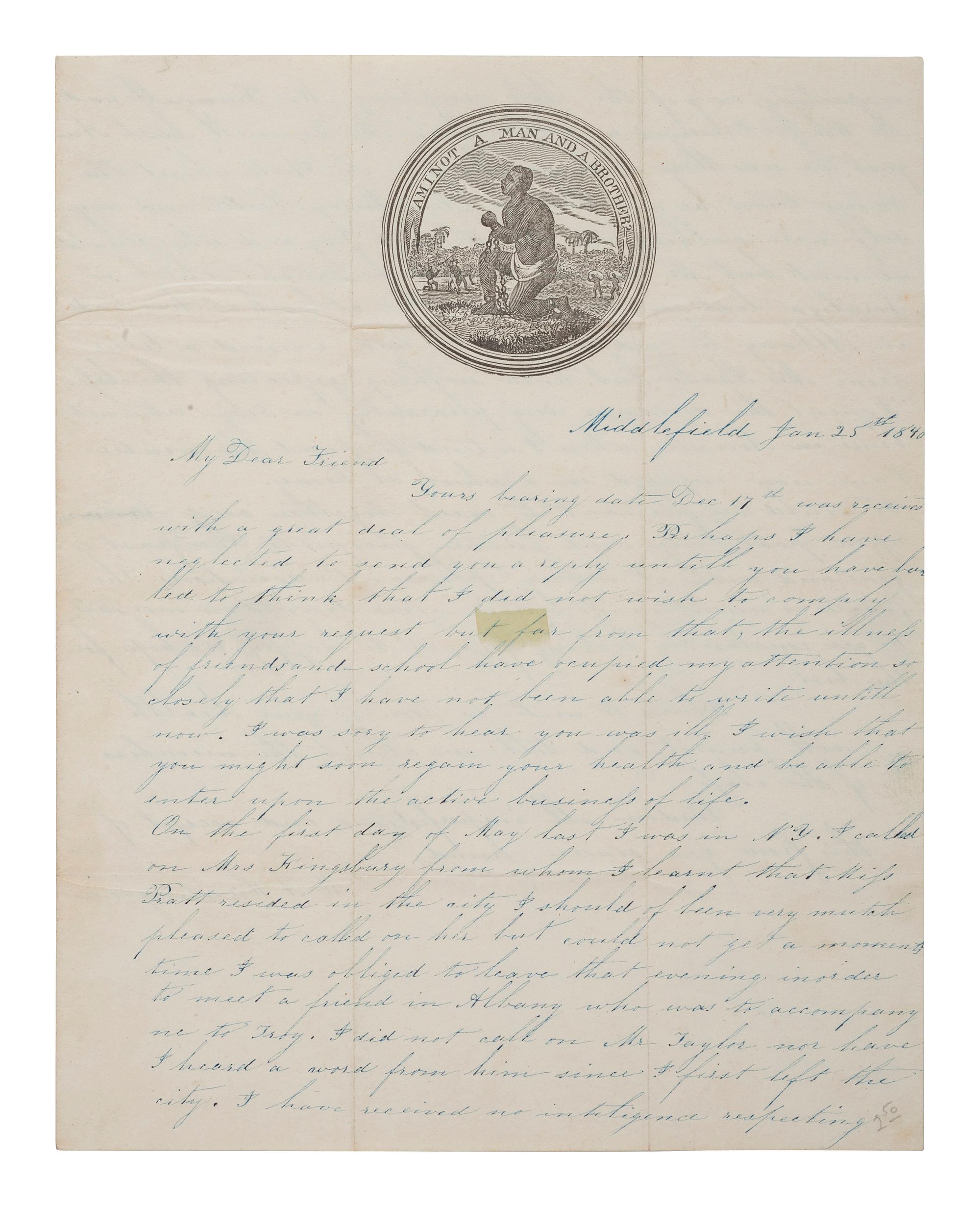 [SLAVERY & ABOLITION]. Abolitionist lettersheet with "Am I Not a Man and a Brother?" engraved letterhead. Middlefield, 25 January 1840.