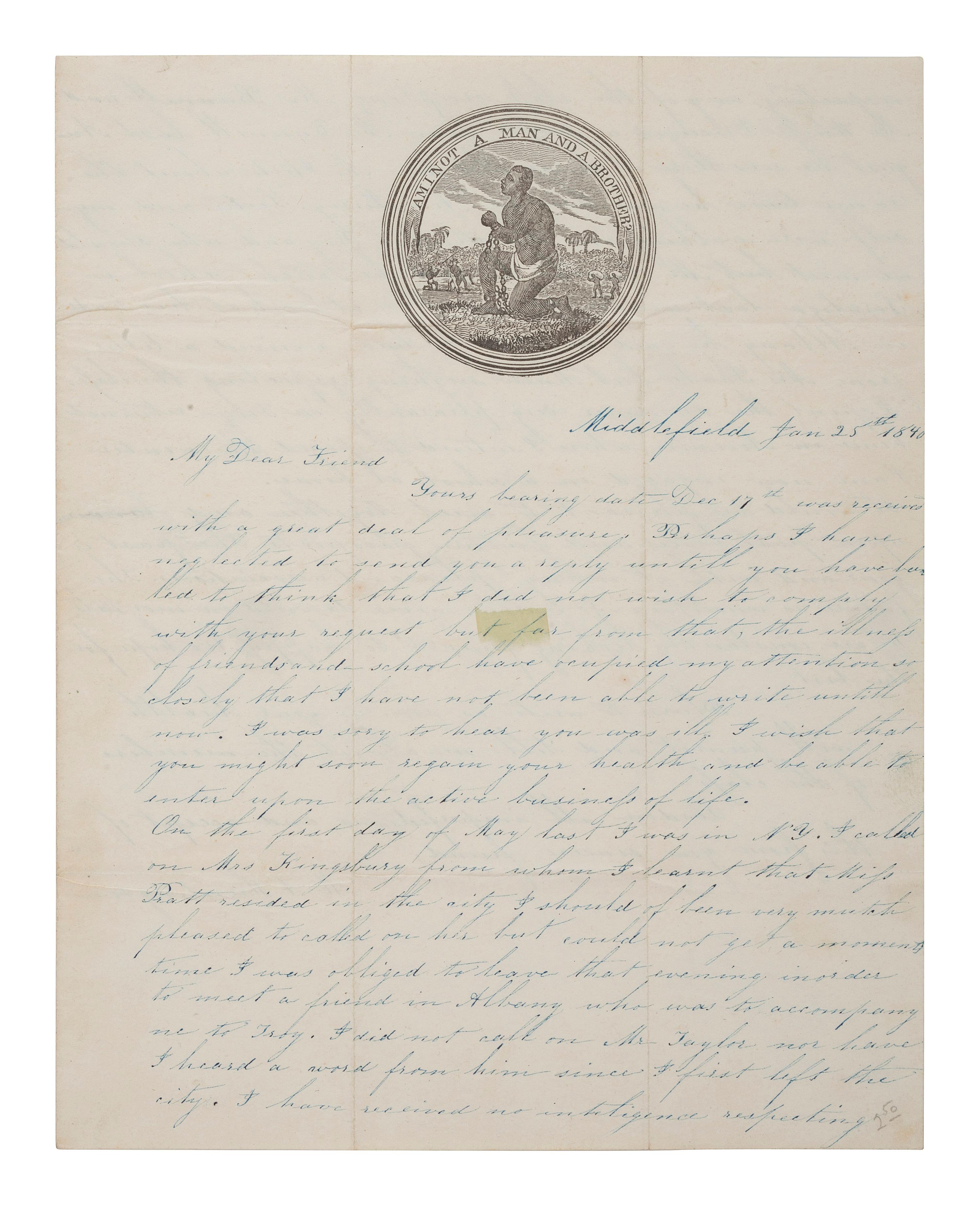 [SLAVERY & ABOLITION]. Abolitionist lettersheet with "Am I Not a Man and a Brother?" engraved letterhead. Middlefield, 25 January 1840.