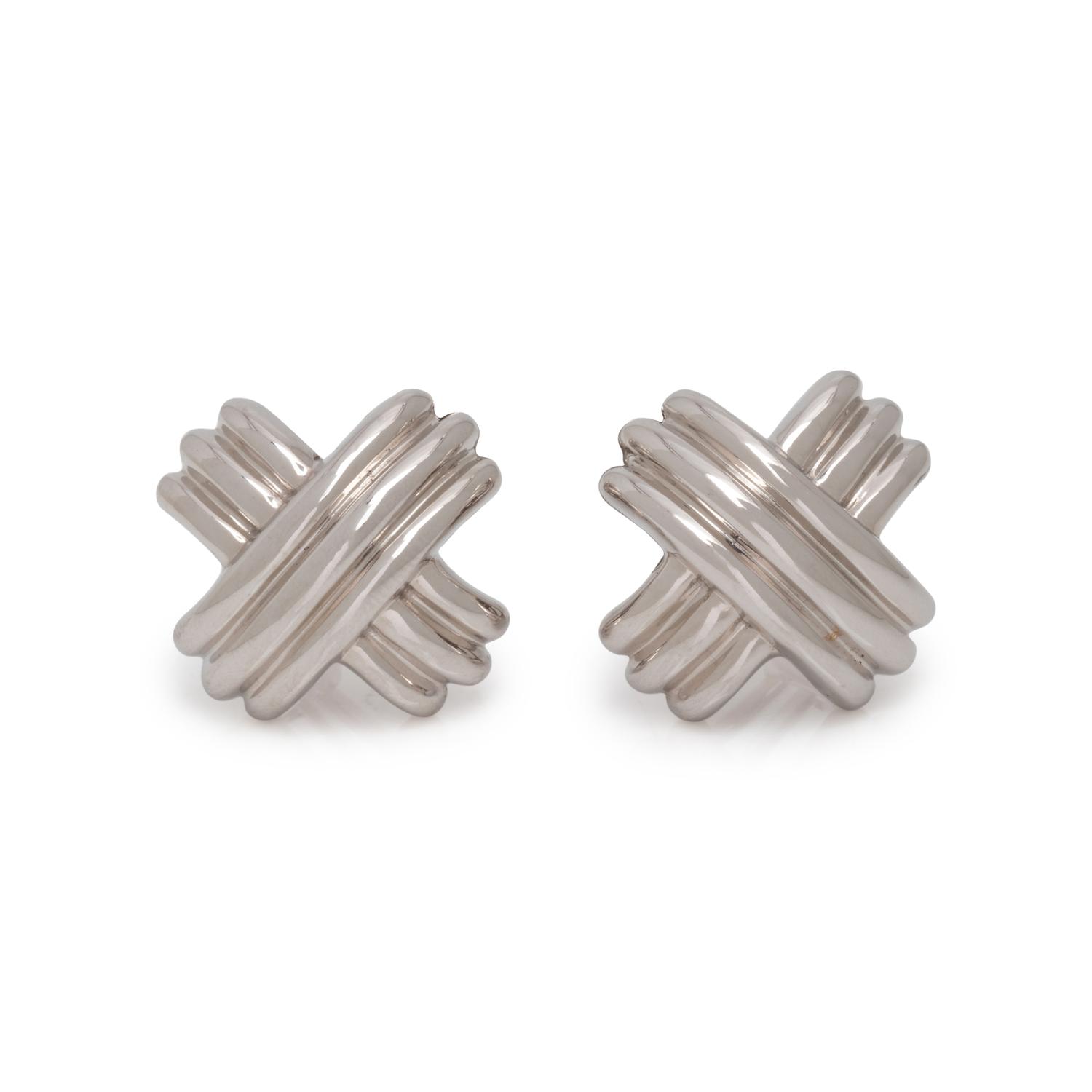 TIFFANY & CO., WHITE GOLD ‘X’ EARCLIPS