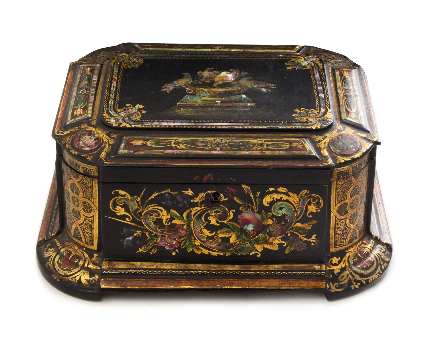 An English Abalone Inlaid, Gilt and Black Lacquered Sewing Box Width 11 1/2 inches. — 19TH CENTURY