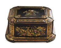 An English Abalone Inlaid, Gilt and Black Lacquered Sewing Box Width 11 1/2 inches. — 19TH CENTURY