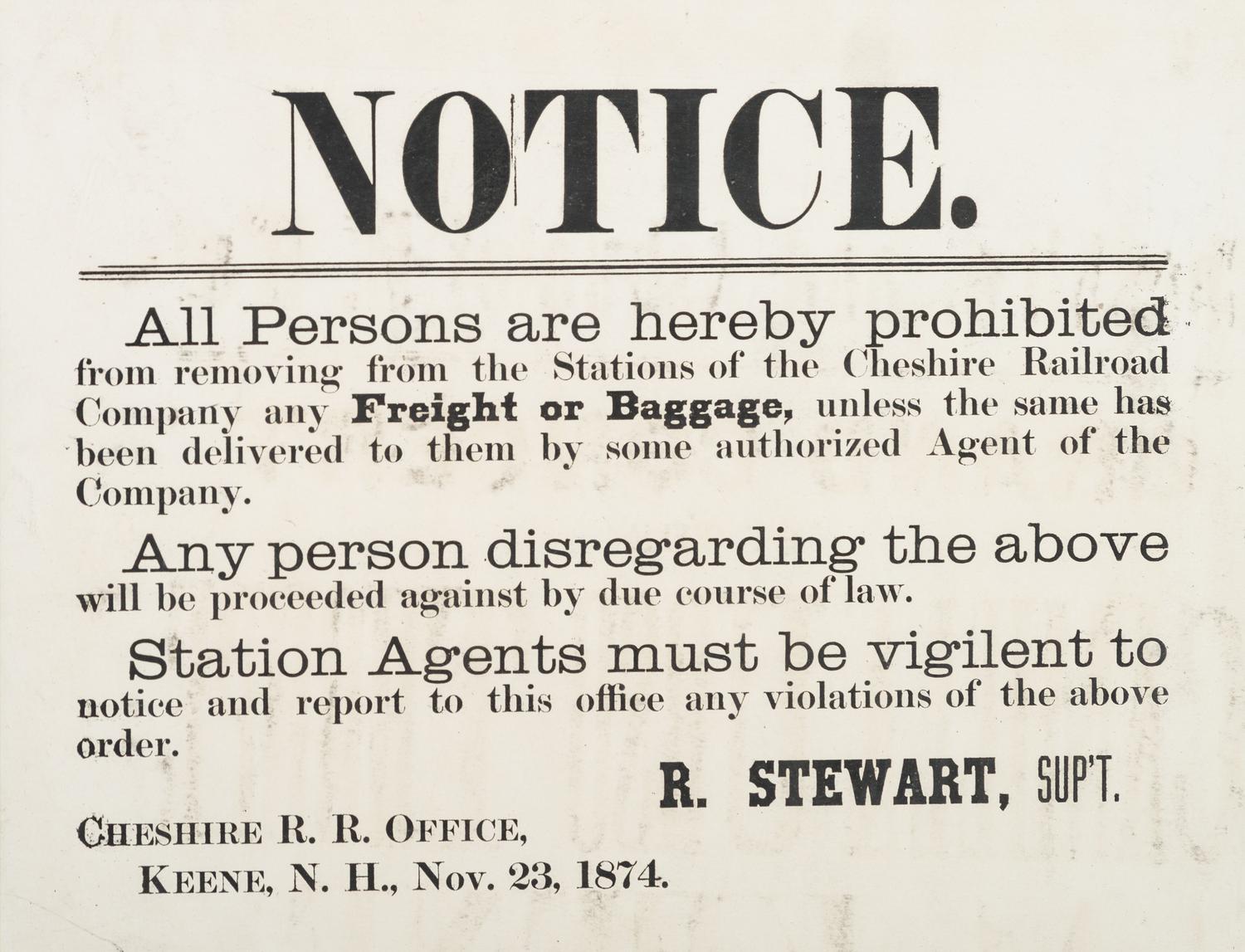 [TRANSPORTATION]. Notice. Keene, NH: N.p., 23 November 1874. Cheshire Railroad broadside.