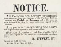 [TRANSPORTATION]. Notice. Keene, NH: N.p., 23 November 1874. Cheshire Railroad broadside.