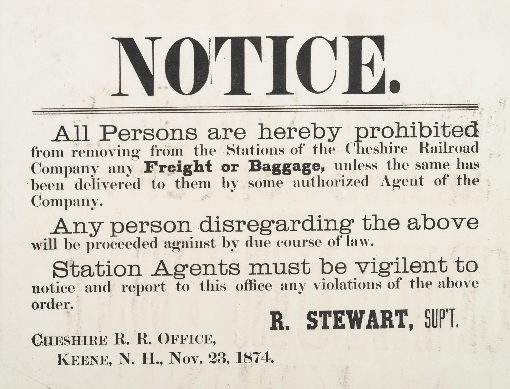 [TRANSPORTATION]. Notice. Keene, NH: N.p., 23 November 1874. Cheshire Railroad broadside.