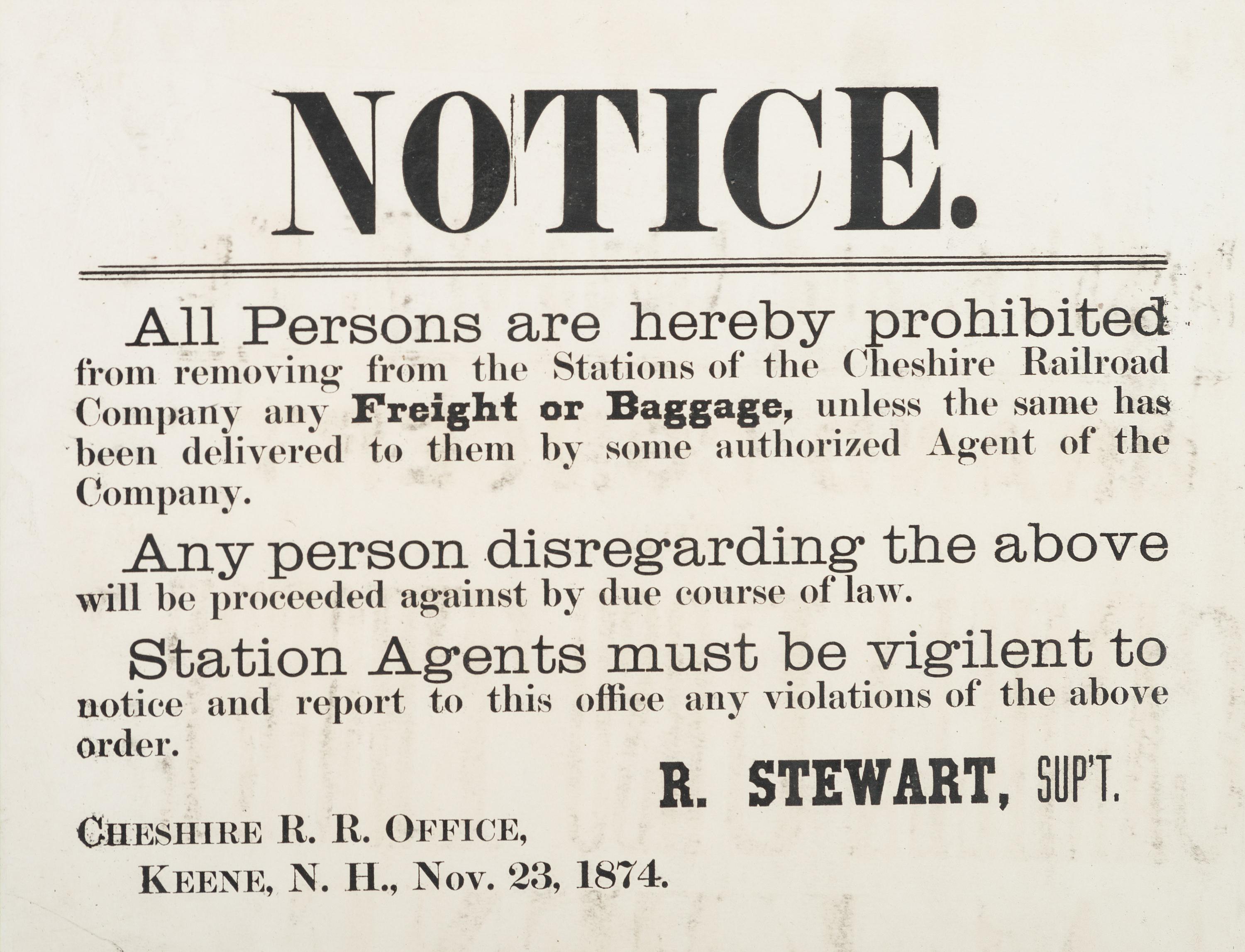 [TRANSPORTATION]. Notice. Keene, NH: N.p., 23 November 1874. Cheshire Railroad broadside.