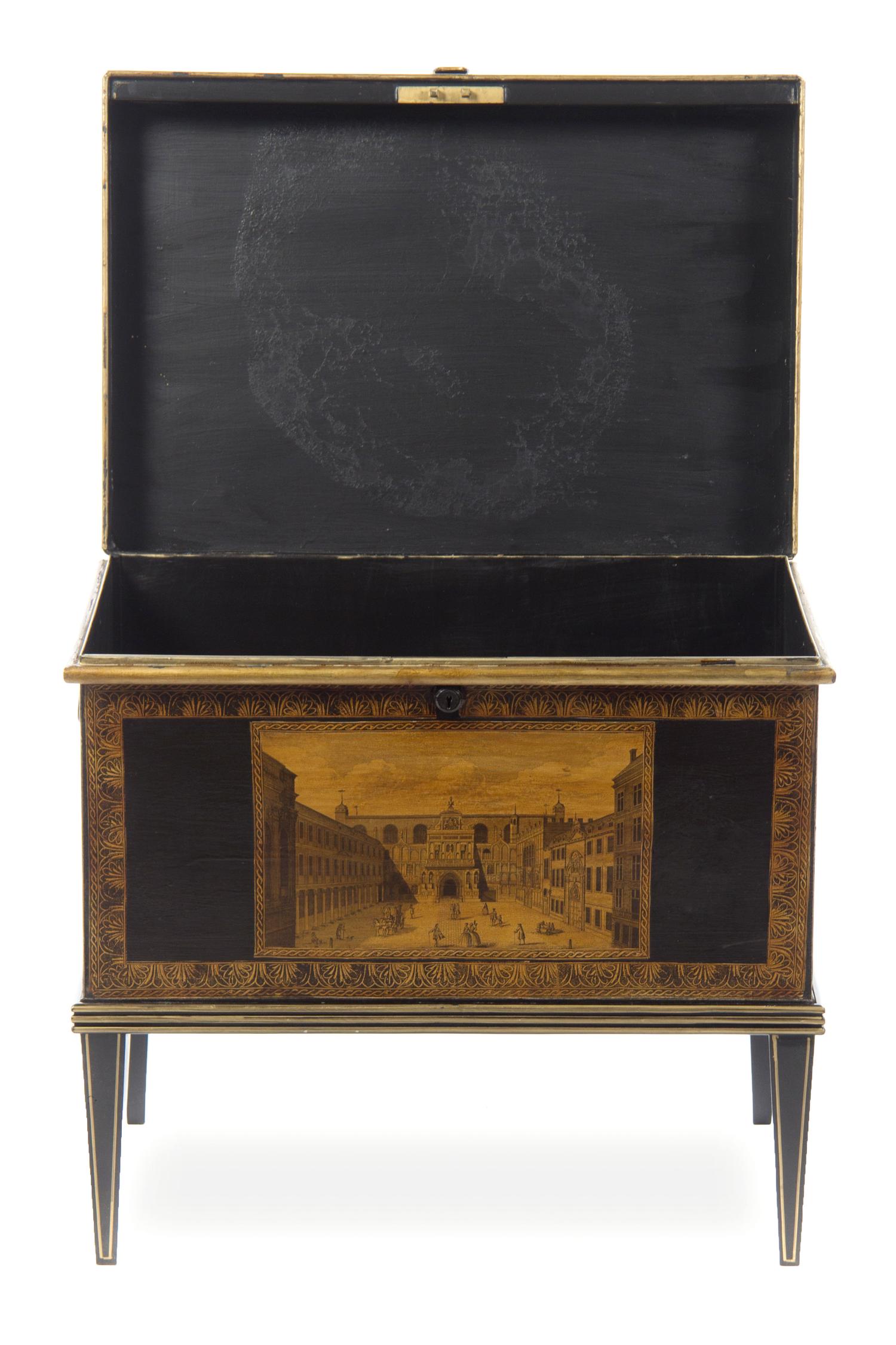An English Tole Document Box Height overall 21 3/4 x width 23 1/2 x depth 16 inches.