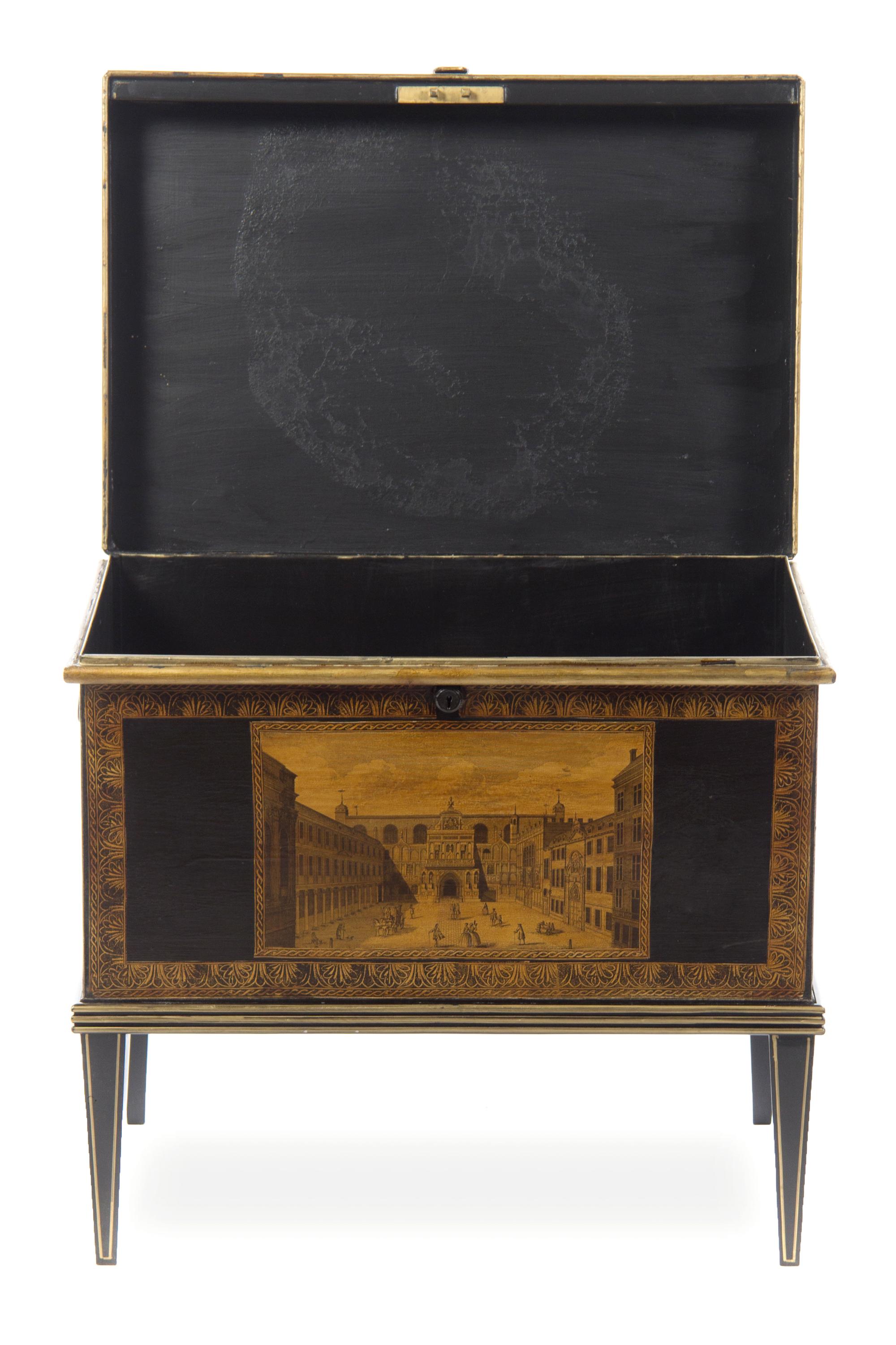An English Tole Document Box Height overall 21 3/4 x width 23 1/2 x depth 16 inches.
