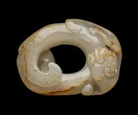 A Chinese Russet and White Jade 'Chilong' Bi- Form Pendant