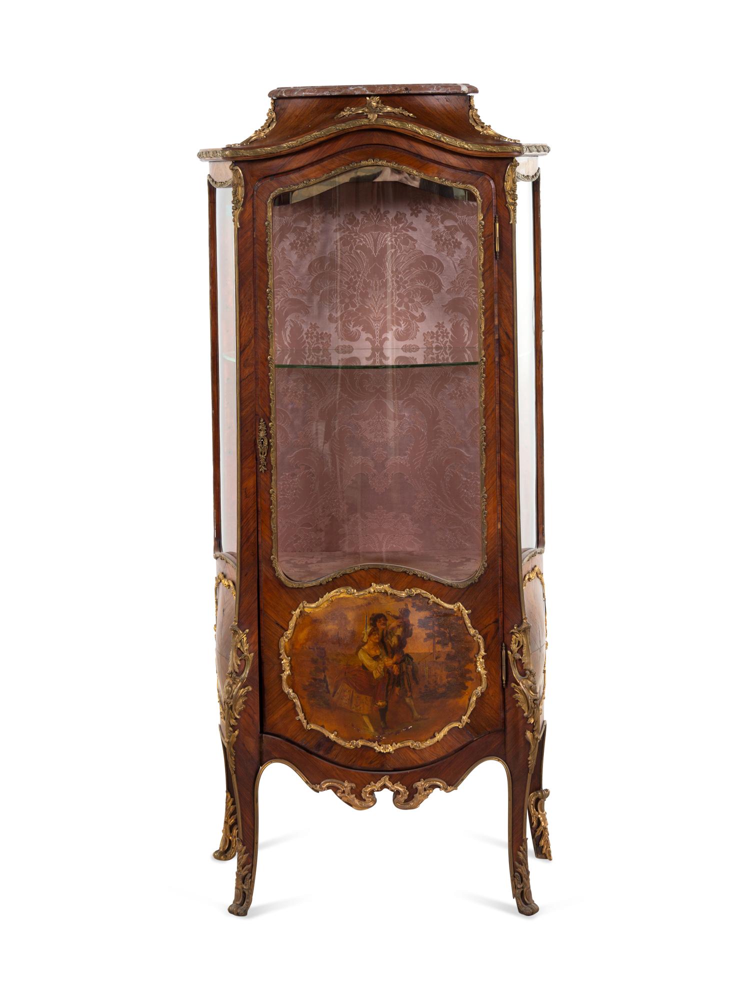 A Louis XV Style Gilt Bronze Mounted Kingwood and Vernis Martin-Decorated Marble-Top Vitrine Cabinet