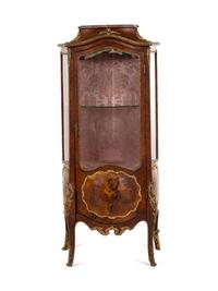 A Louis XV Style Gilt Bronze Mounted Kingwood and Vernis Martin-Decorated Marble-Top Vitrine Cabinet