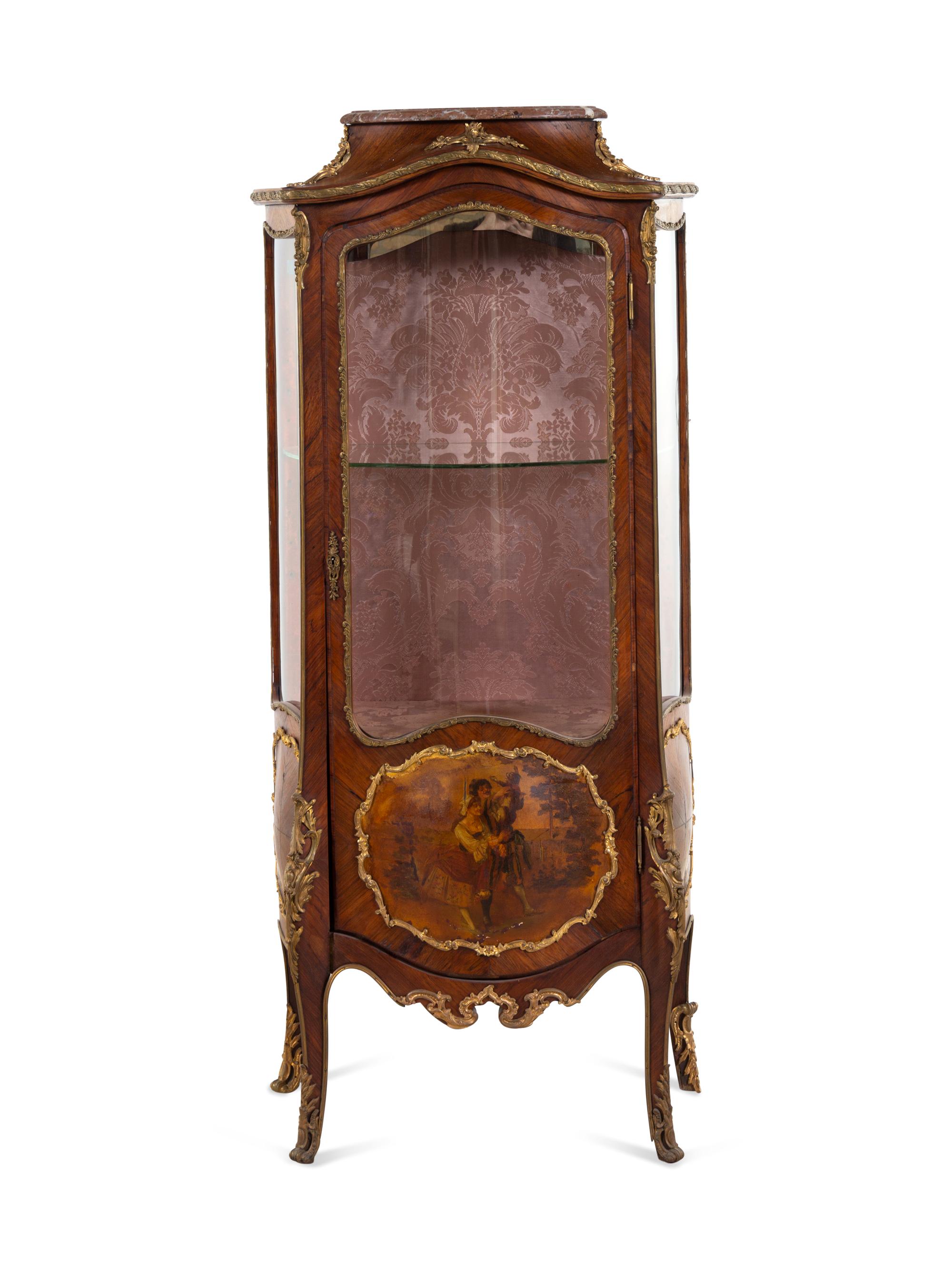 A Louis XV Style Gilt Bronze Mounted Kingwood and Vernis Martin-Decorated Marble-Top Vitrine Cabinet