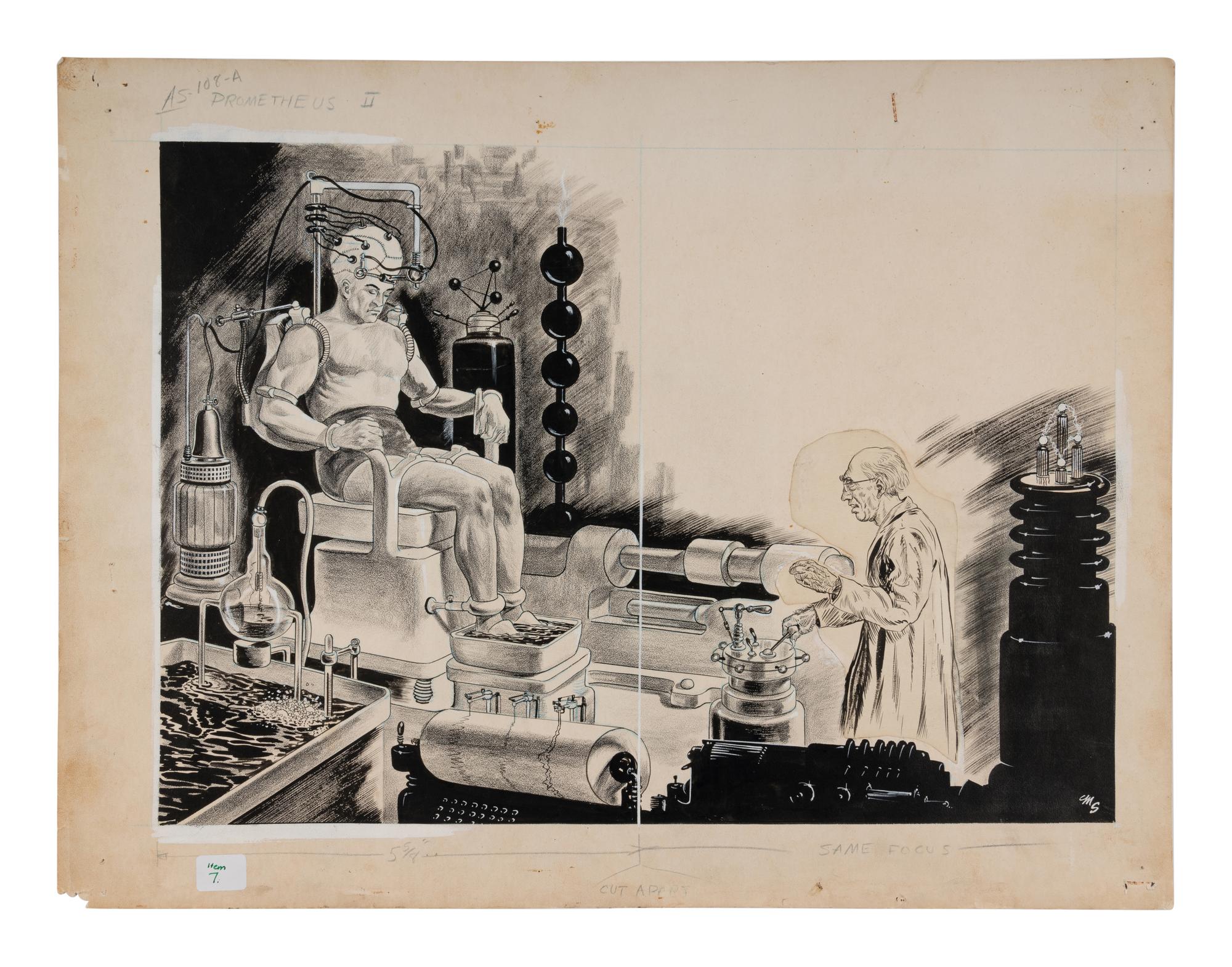 SMITH, Malcolm (1910-1966). Original black and white illustration for "Prometheus II" as published in Amazing Stories. 1948.