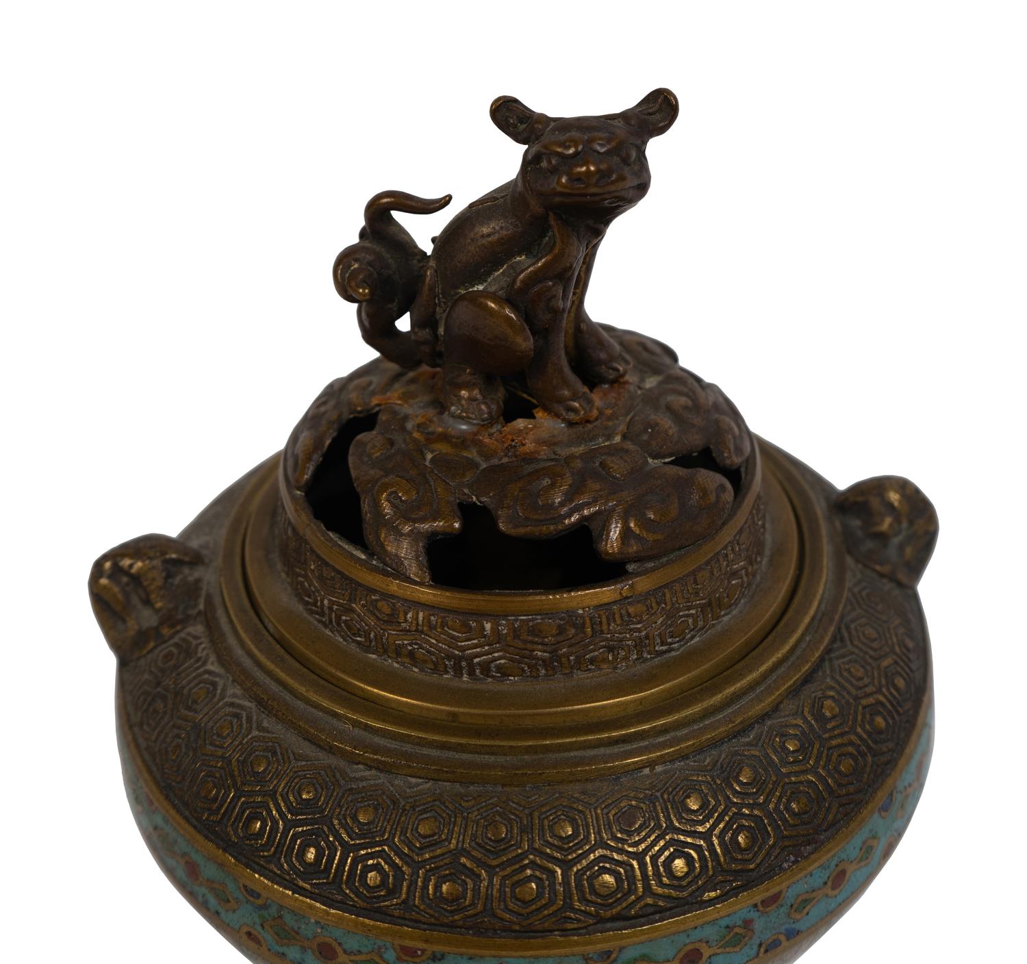 A Japanese Bronze and Cloisonné Enamel Tripod Incense Burner