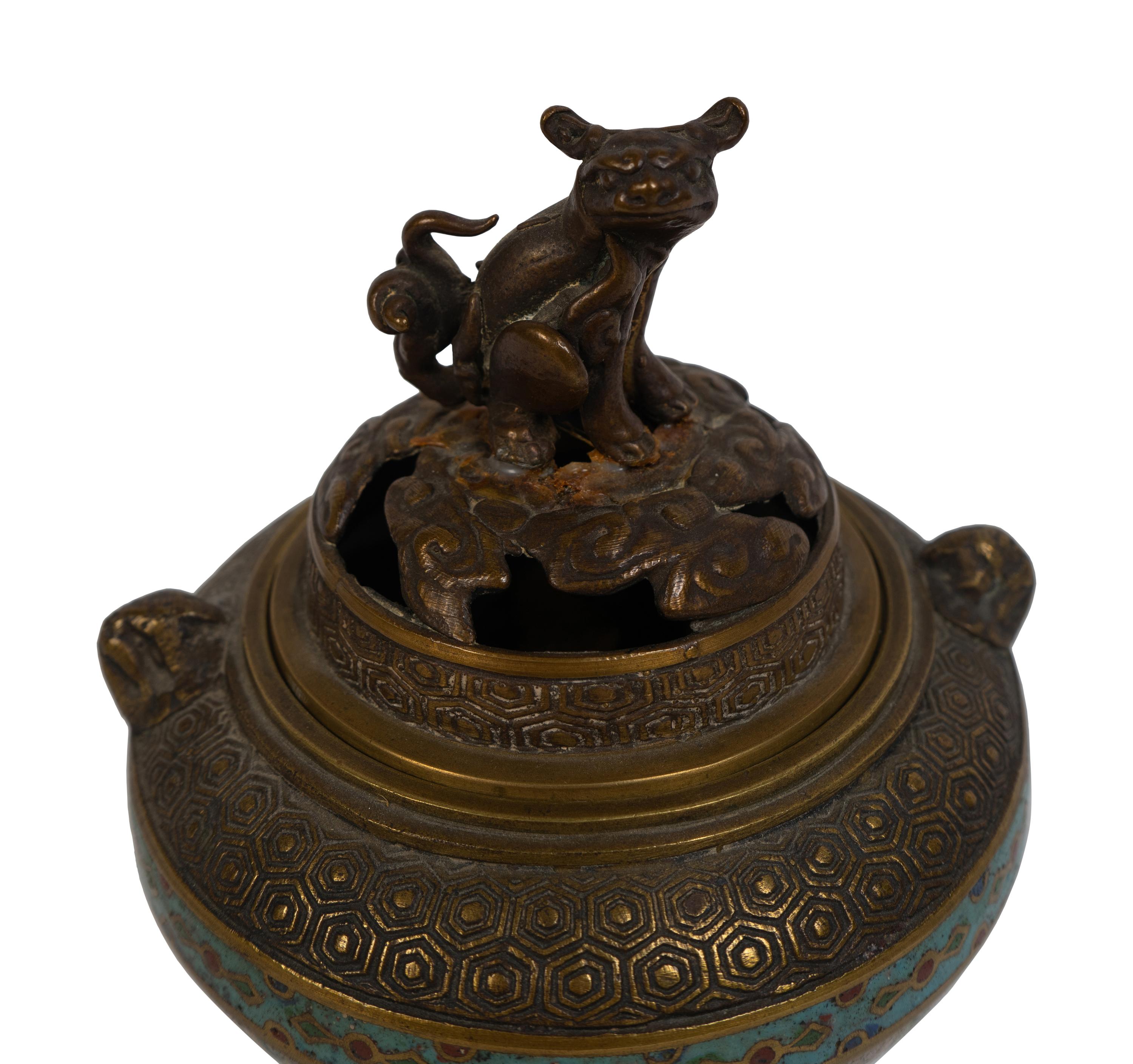 A Japanese Bronze and Cloisonné Enamel Tripod Incense Burner