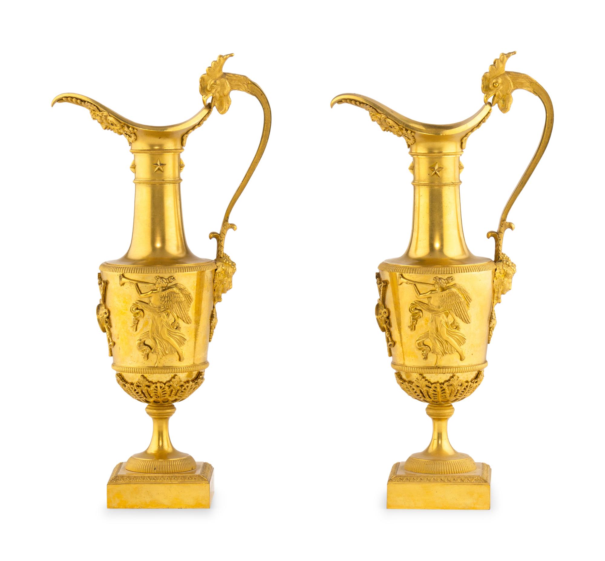 A Pair of Late Louis XVI Gilt Bronze Ewers