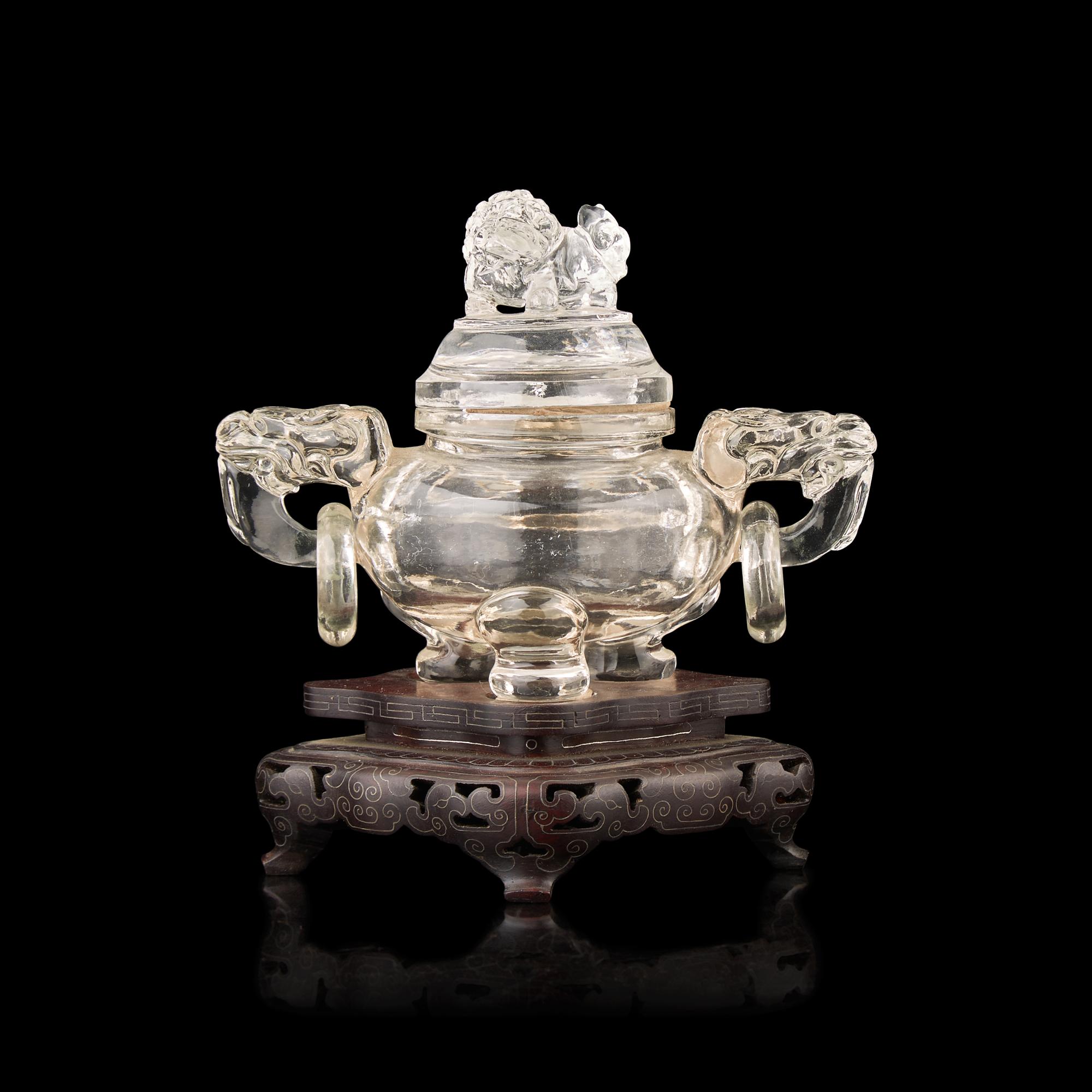 A Small Chinese Rock Crystal Tripod Censer and Cover, 20th Century 近代 雕水晶獅鈕雙活環三足蓋爐
