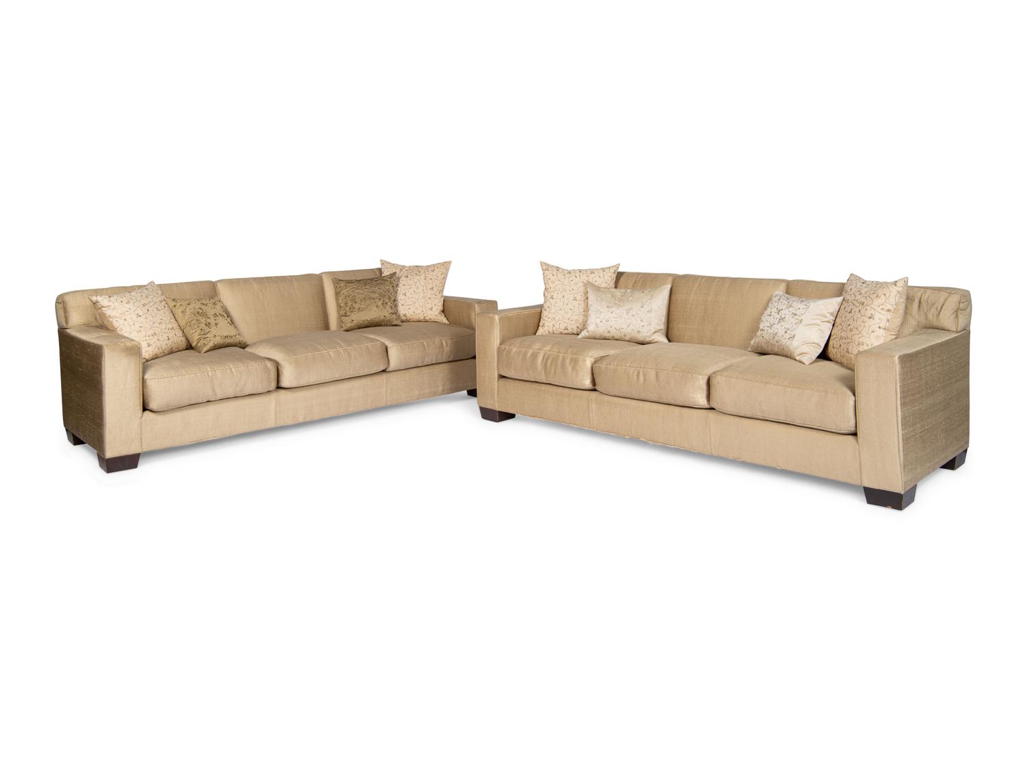 A Pair of Custom Silk Three-Cushion Sofas