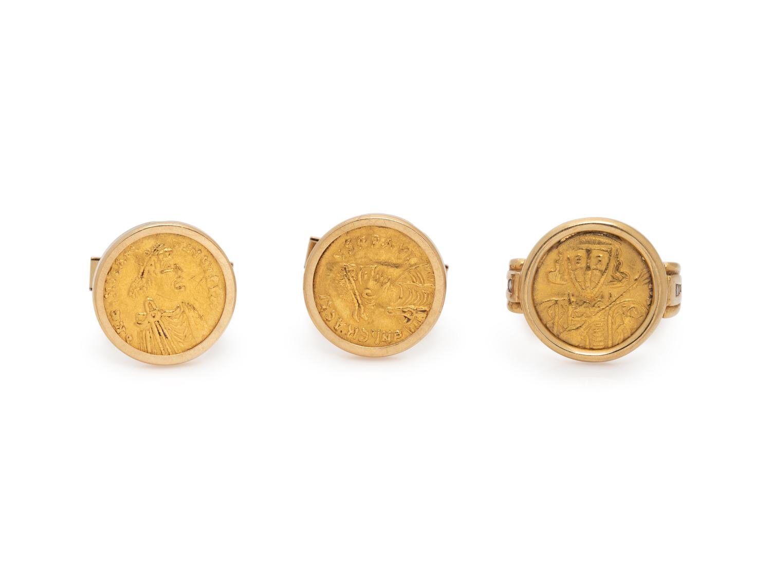 COLLECTION OF YELLOW GOLD BYZANTINE COIN JEWELRY