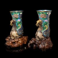 A Pair of Chinese Cloisonné Enamel Phoenix Vases, 20th Century — 近代 掐絲琺琅鳳尾觥一對
