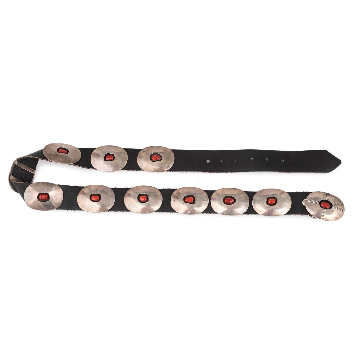 Navajo Silver and Coral Shadow Box Concha Belt
