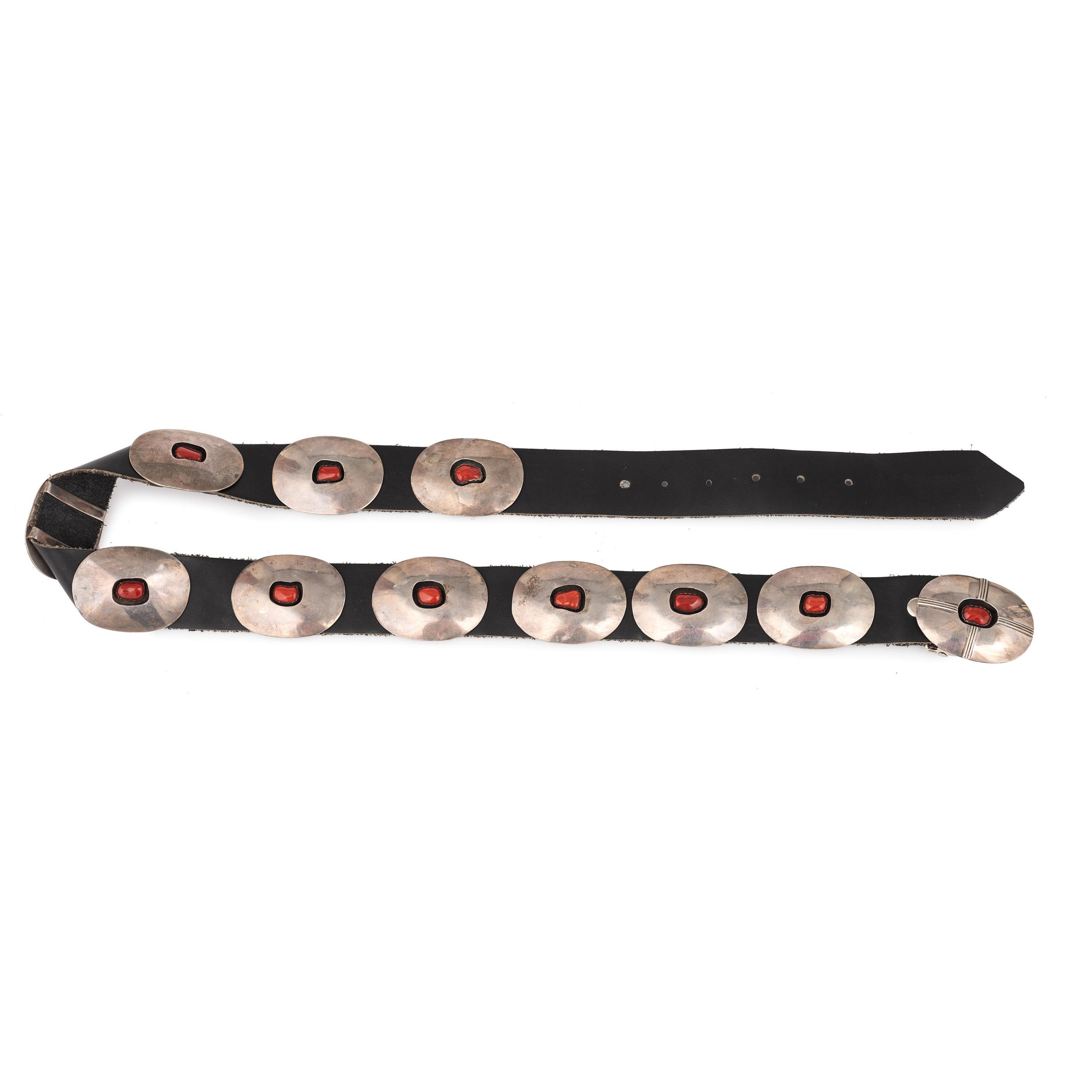 Navajo Silver and Coral Shadow Box Concha Belt