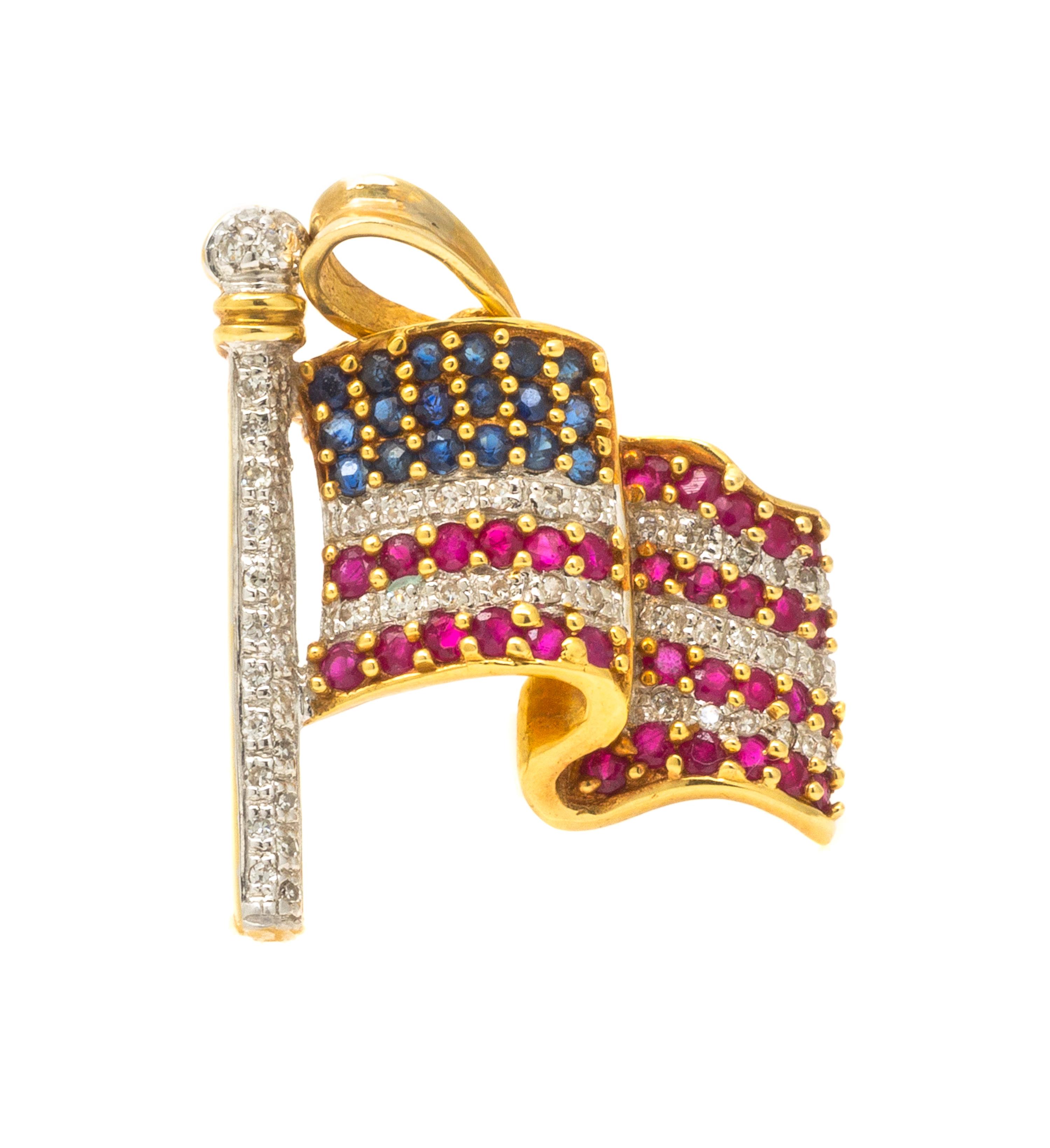 An 18 Karat Yellow Gold, Diamond, Sapphire and Ruby American Flag Pendant/Brooch, 2.80 dwts.