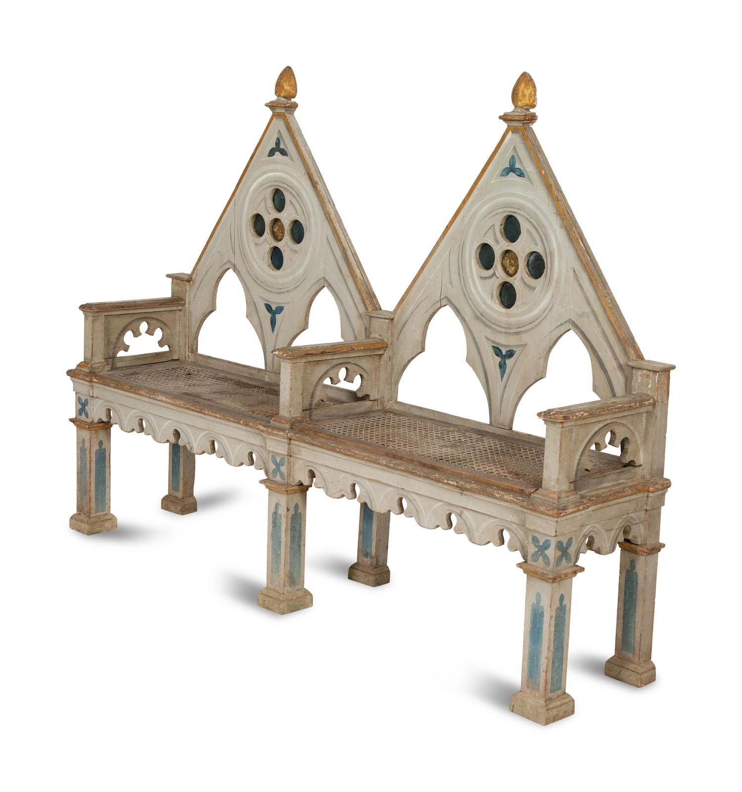 A Neo-Gothic Trompe l'oeil Painted and Parcel Gilt Hall Bench