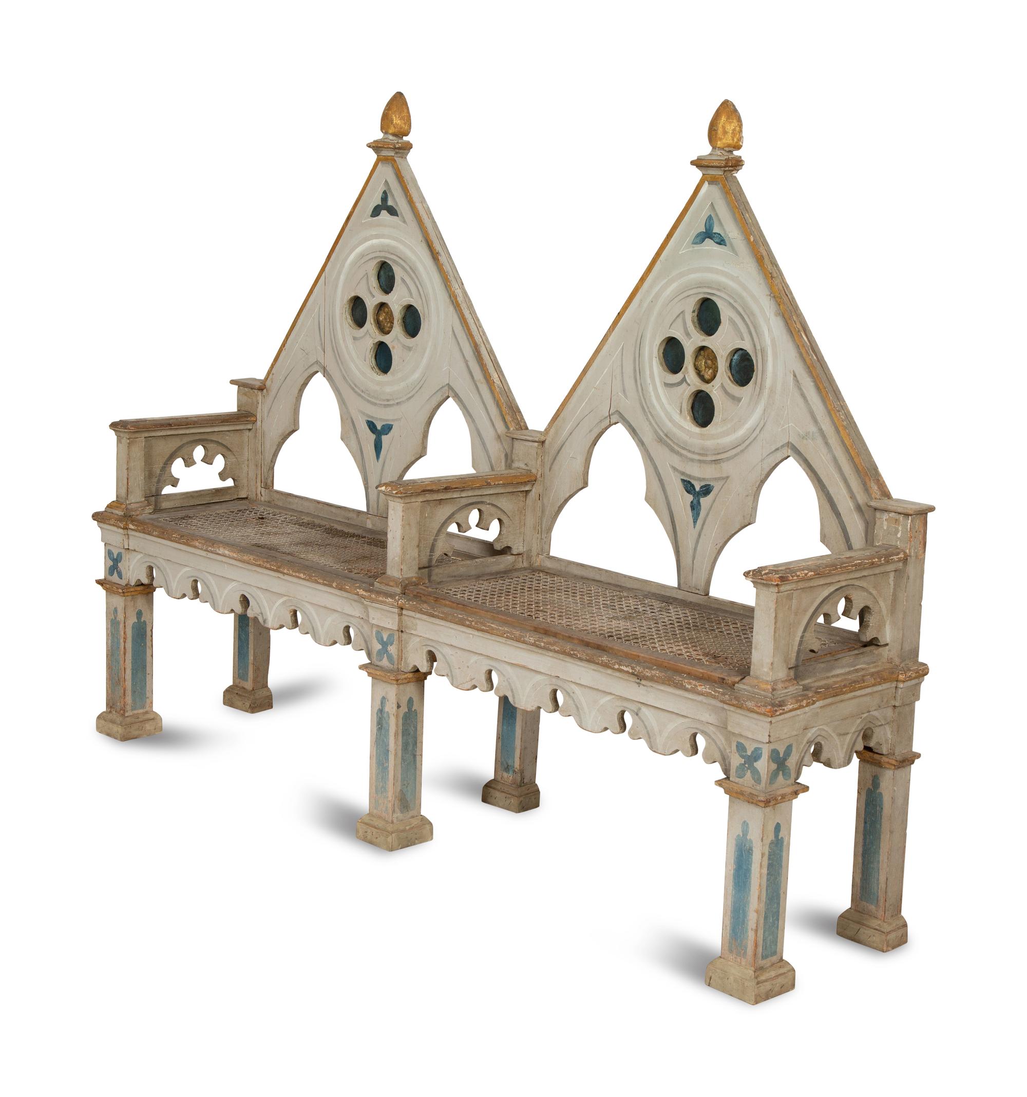 A Neo-Gothic Trompe l'oeil Painted and Parcel Gilt Hall Bench