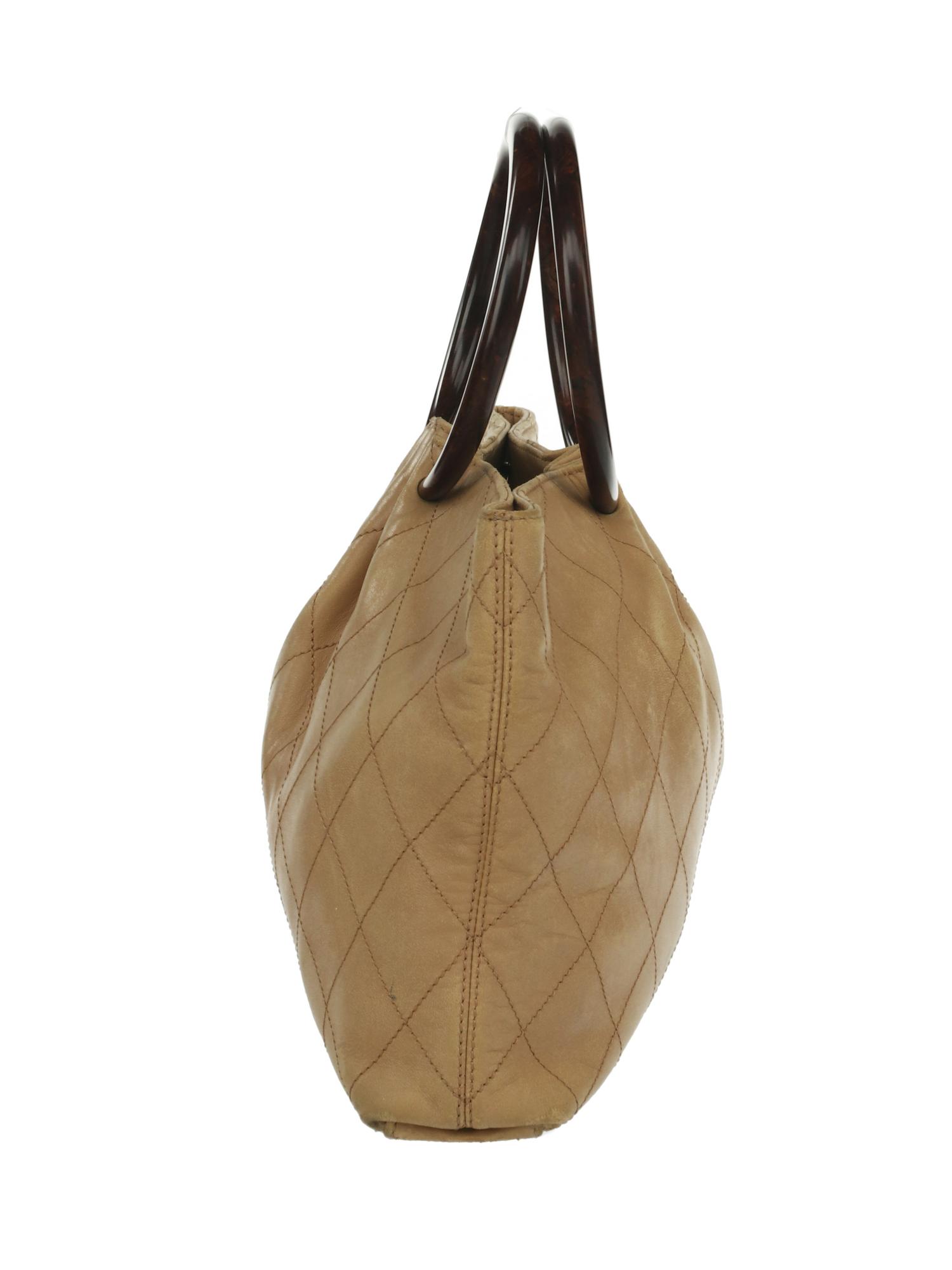 Chanel Wood Handle Tote in Quilted Tan Lambskin