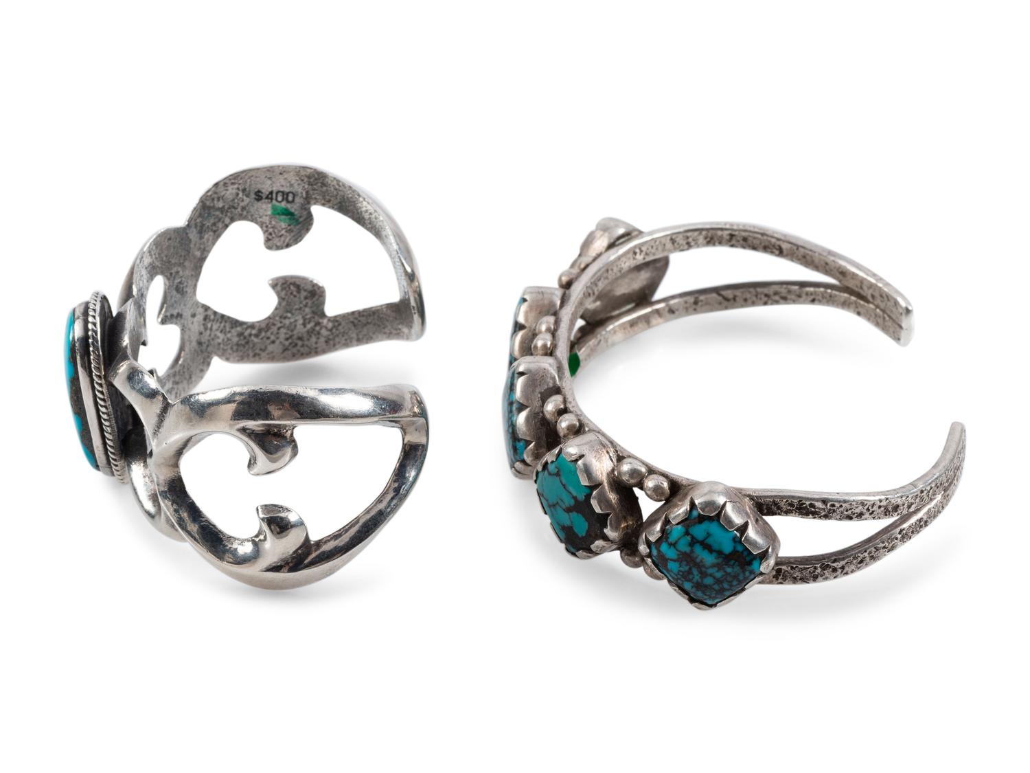 Pair of Navajo Silver and Turquoise Cuff Bracelets