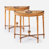 A Pair of George III Polychrome Painted Giltwood Demilune Console Tables late 18th/early 19th century
