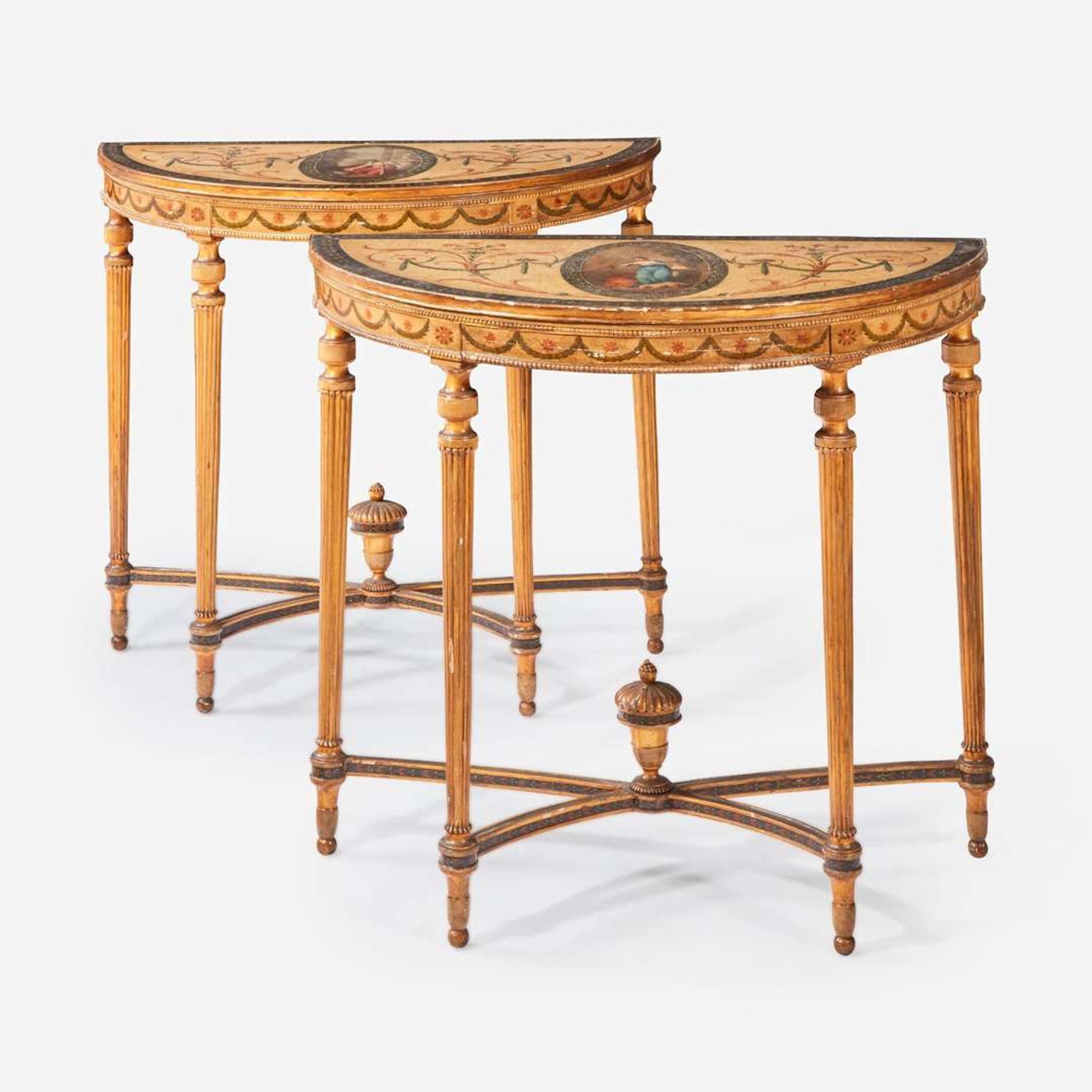 A Pair of George III Polychrome Painted Giltwood Demilune Console Tables late 18th/early 19th century