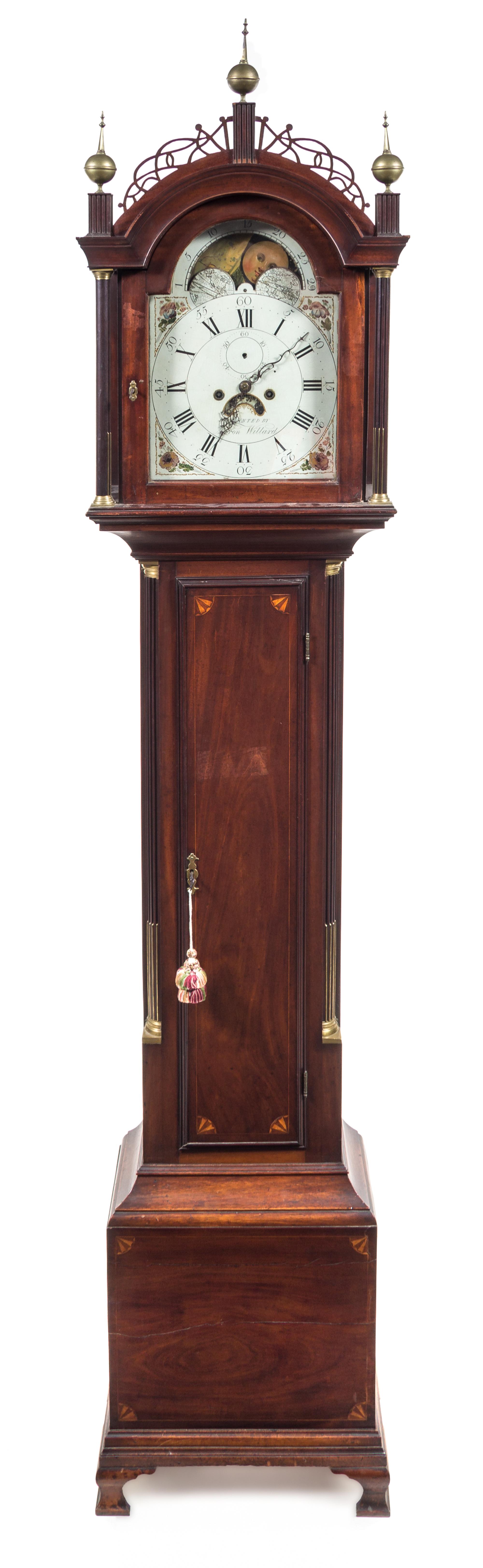 A Federal Mahogany Tall Case Clock Height 98 1/2 x width 20 x depth 10 inches. — WORKS BY AARON WILLARD, BOSTON, MASSACHUSETTS, CIRCA 1790