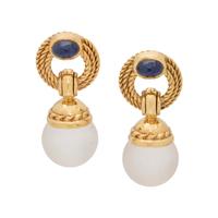 YELLOW GOLD, SAPPHIRE AND GLASS EARCLIPS