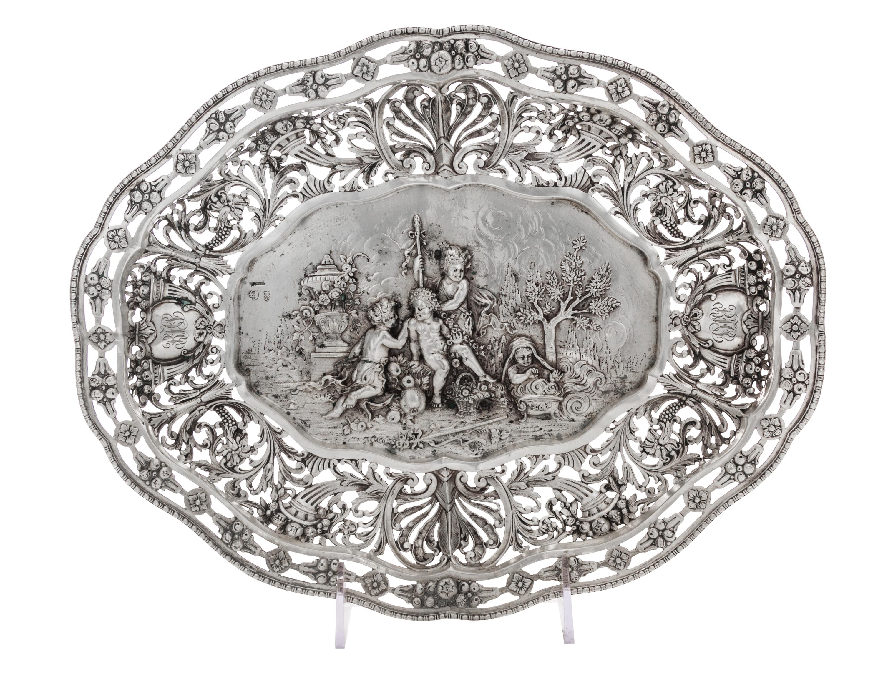 A German Hanau Silver Bowl, George Roth & Co., Circa 1900, of oval form with figural and pierced foliate decoration.