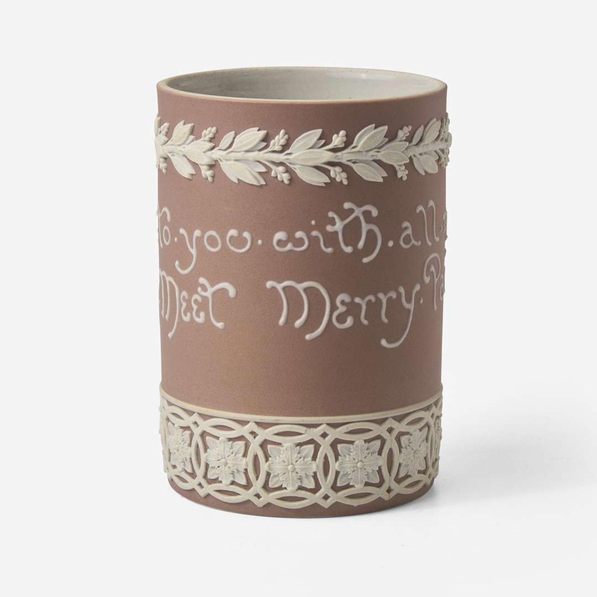 A Wedgwood Harry Barnard (1862-1933) Designed Lilac Dip Jasper Motto Mug UK, circa 1900