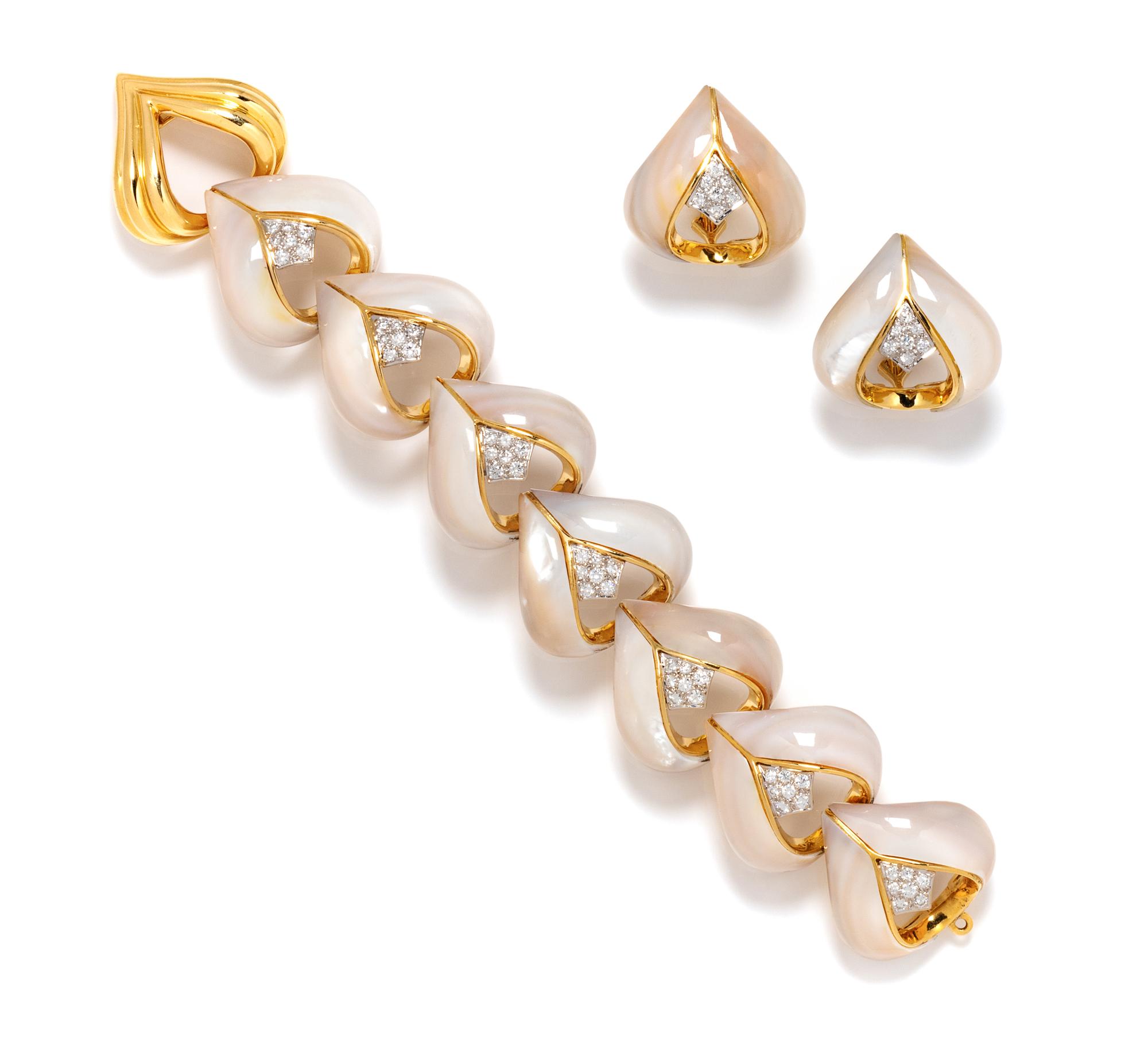 An 18 Karat Yellow Gold, Platinum, Mother-of-Pearl and Diamond Demi-Parure, 67.70 dwts.