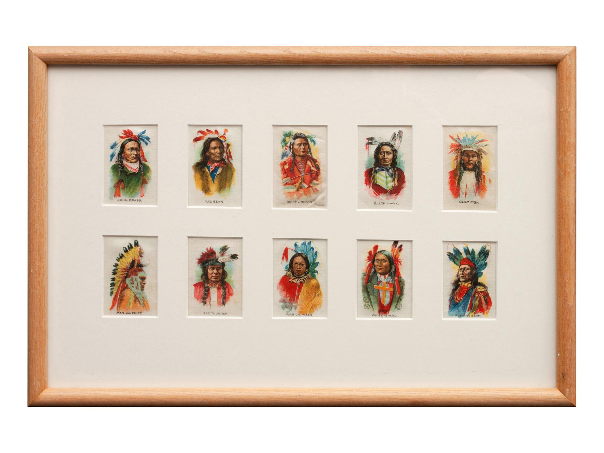 Four Framed Collections of Indian Chewing Gum, Tokio Tobacco Silks and Hudson Bay Trade Pipes