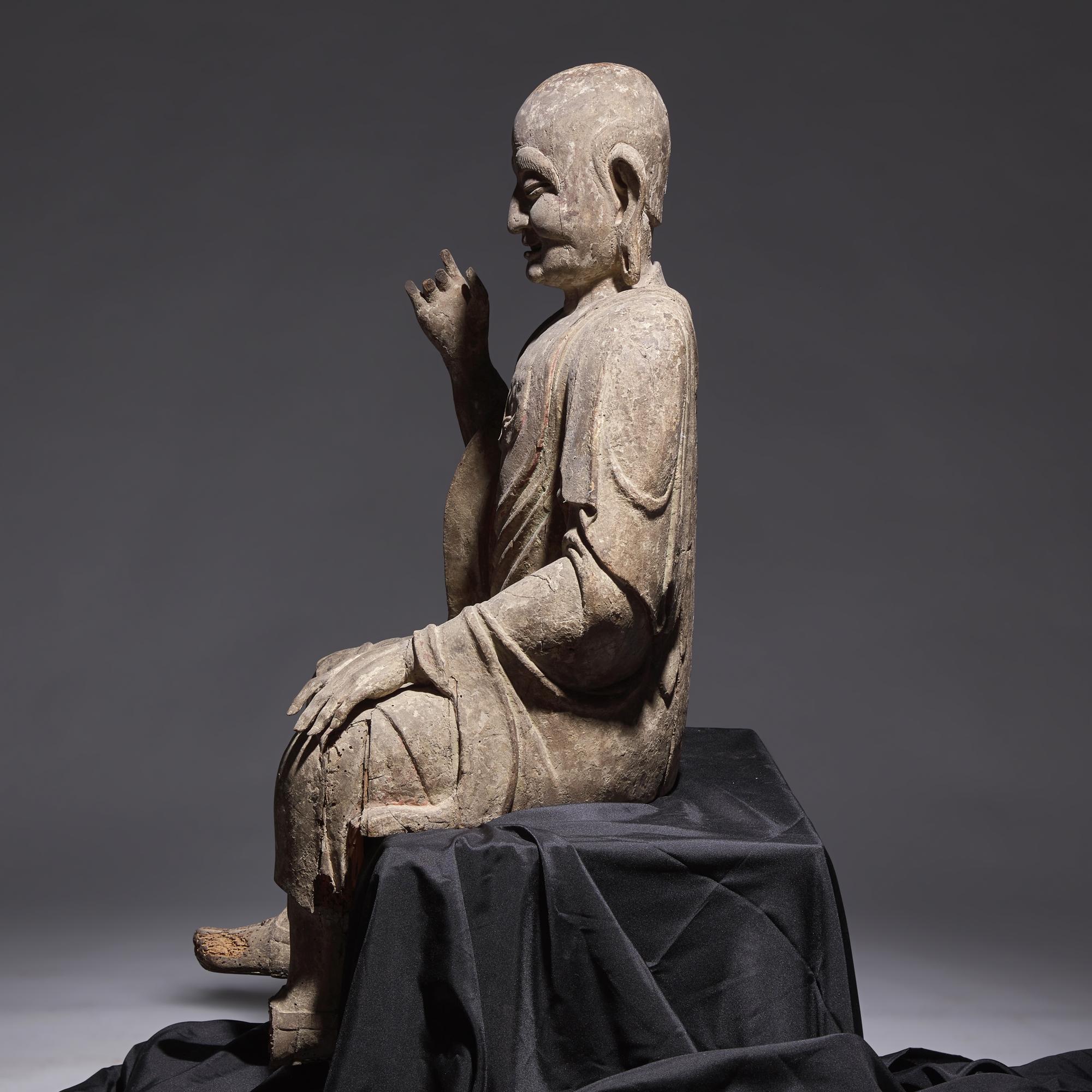 A Large Chinese Carved Wood Seated Figure of Luohan, Ming Dynasty 明 木雕大羅漢像