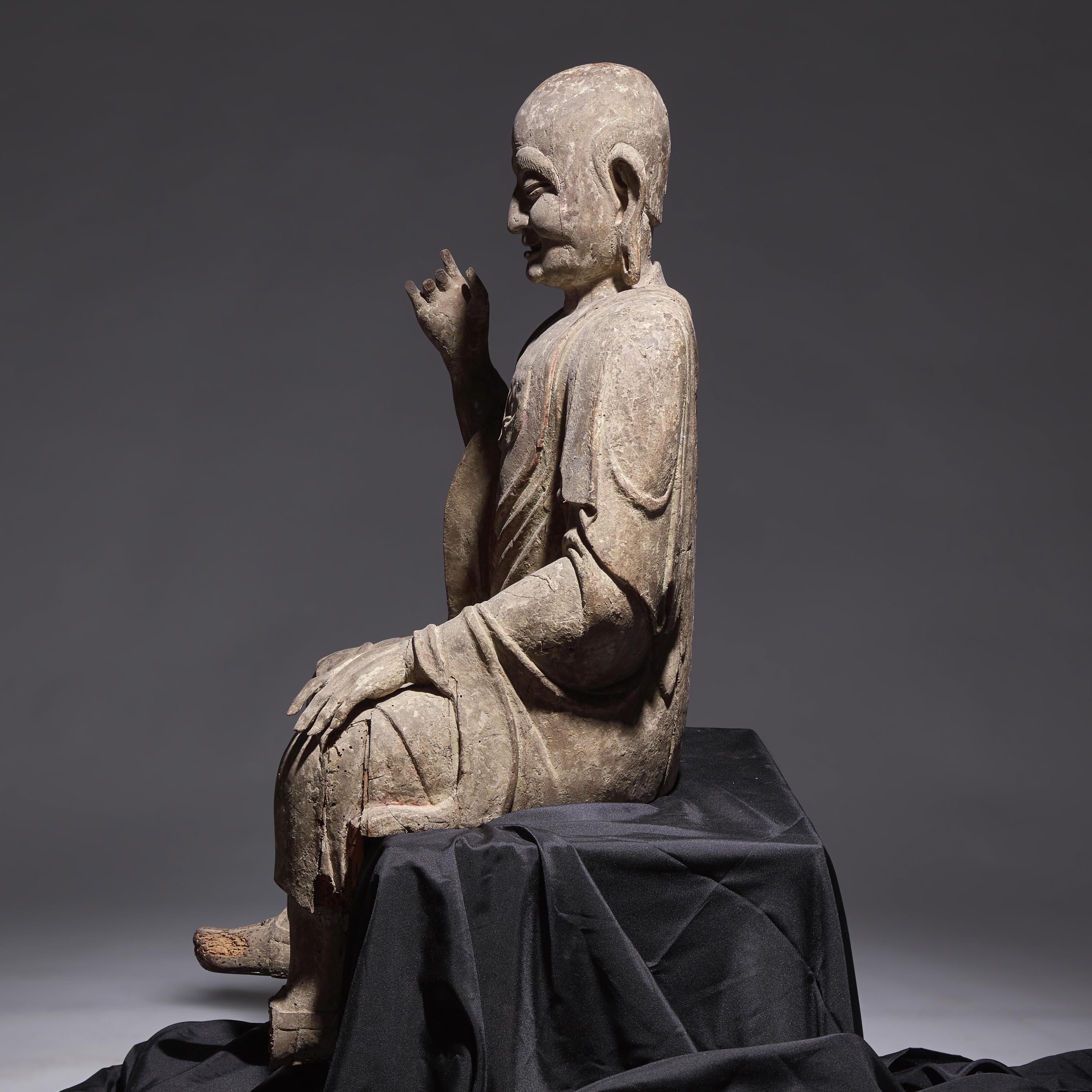 A Large Chinese Carved Wood Seated Figure of Luohan, Ming Dynasty 明 木雕大羅漢像