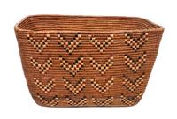 A Large Klickitat Basketry Bowl Height 9 1/4 x width 11 1/4 x length 16 1/8 inches.