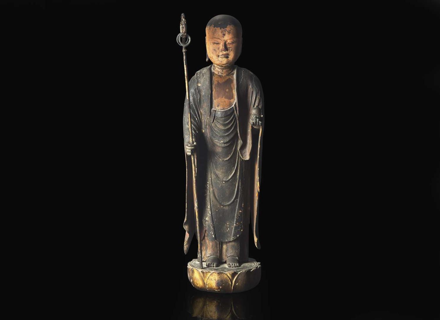 A Japanese lacquered and painted wood figure of Jizo Bosatsu, Edo period or earlier 日本漆器木雕 江戶或更早