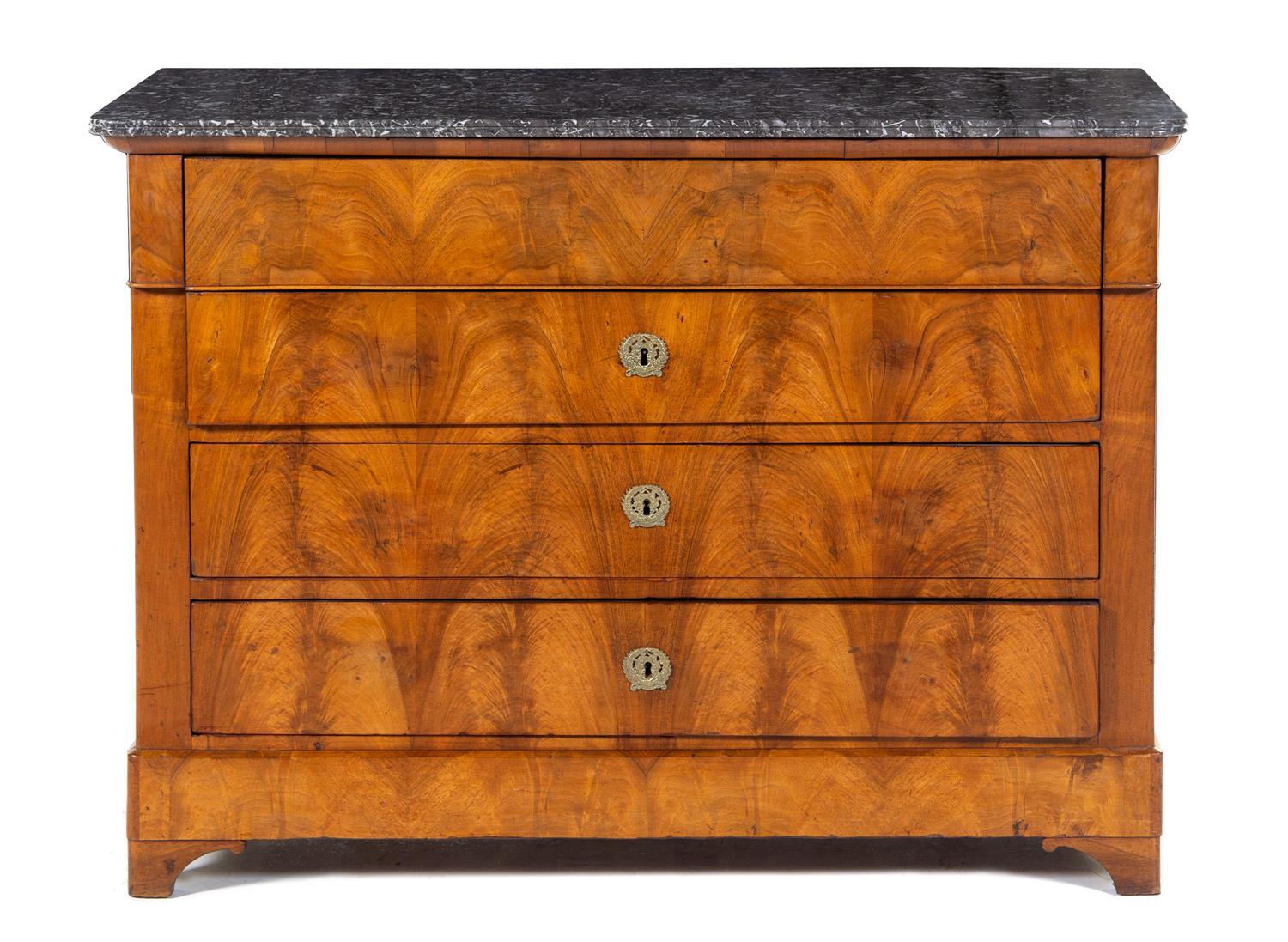 A Louis Philippe Burl Walnut Commode Height 36 1/2 x width 50 1/4 x depth 23 1/4 inches. — 20TH CENTURY